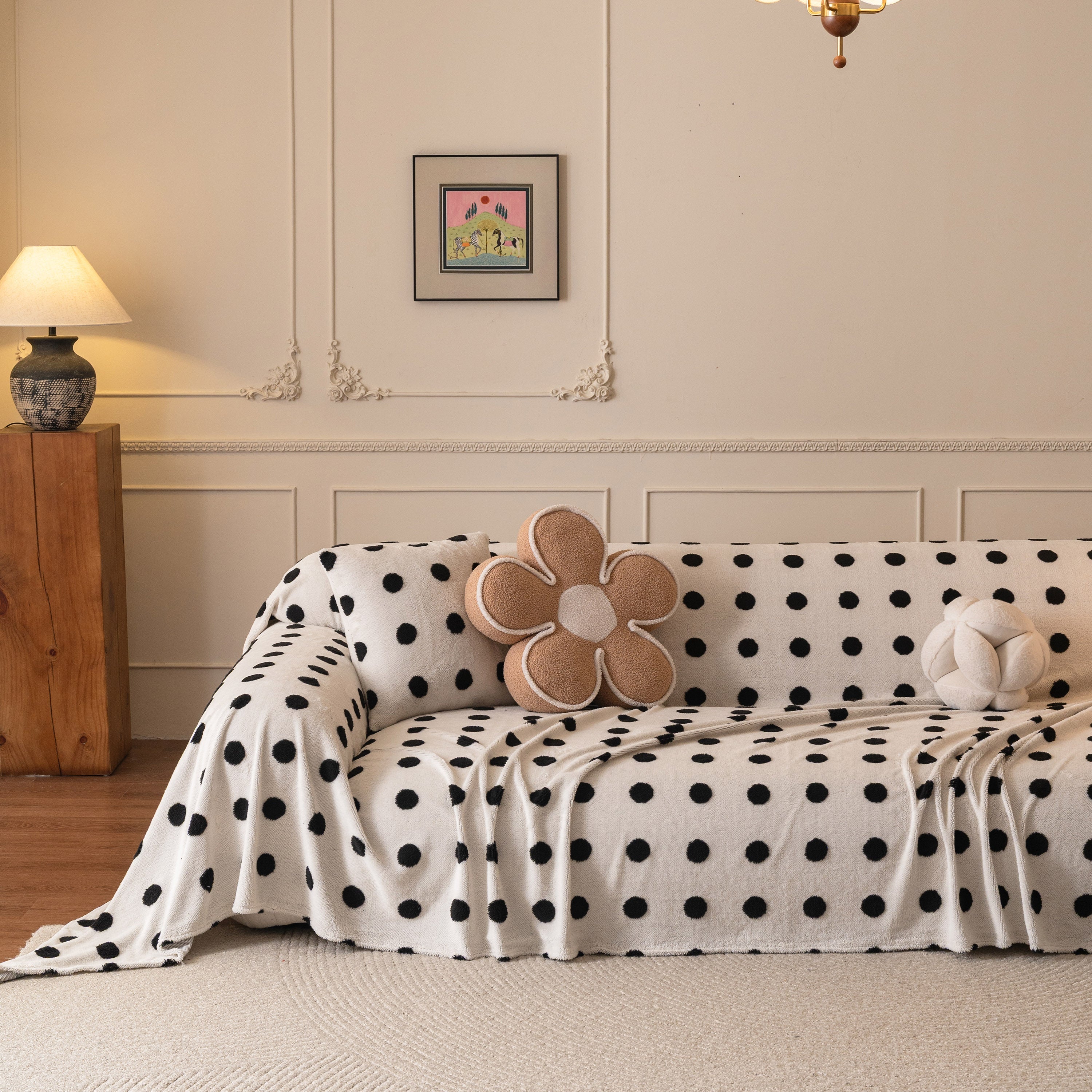 Plush Fleece Sofa Cover Throw, Soft Textured Polka Dot Couch Protector Blanket For Pets
