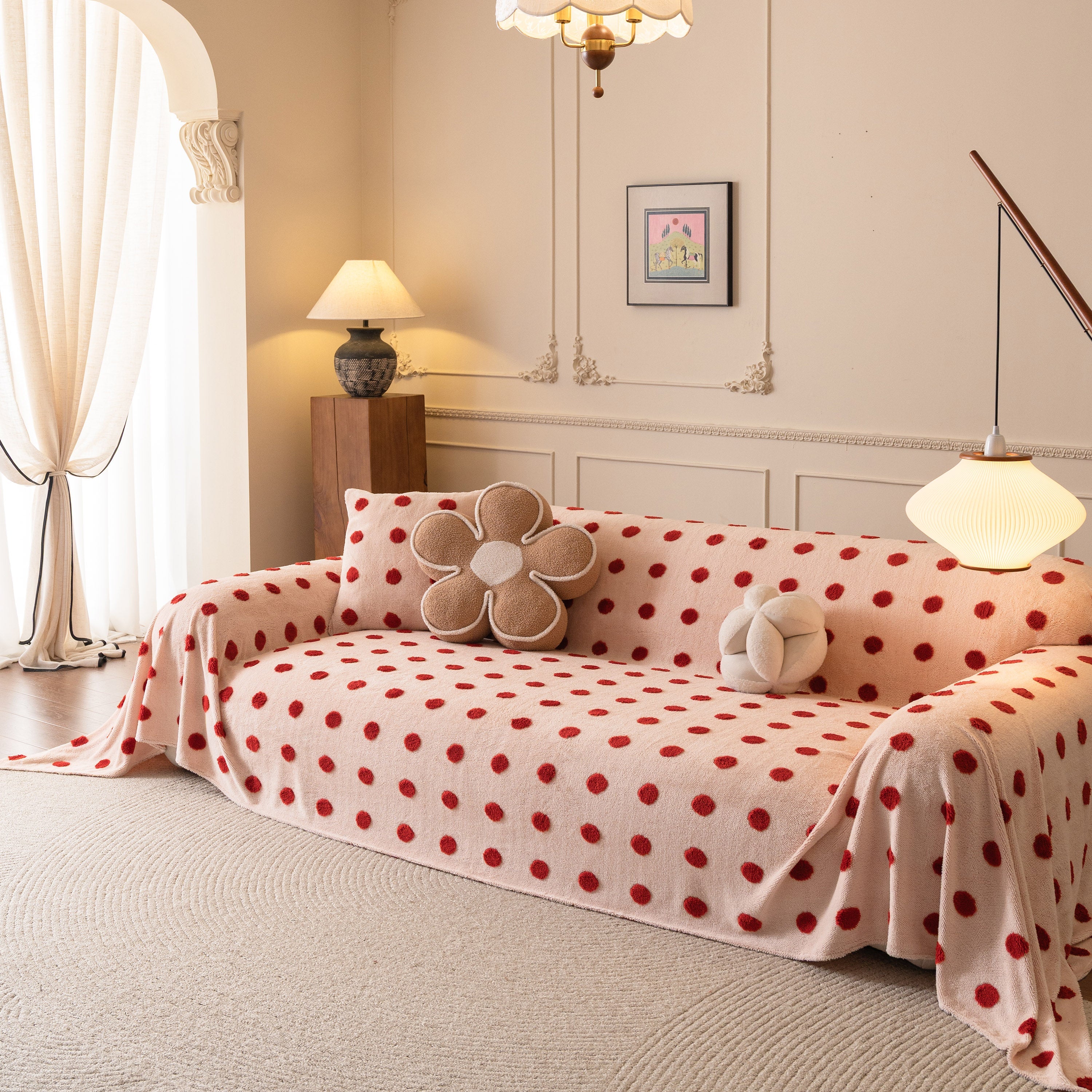 Plush Fleece Sofa Cover Throw, Soft Textured Polka Dot Couch Protector Blanket For Pets