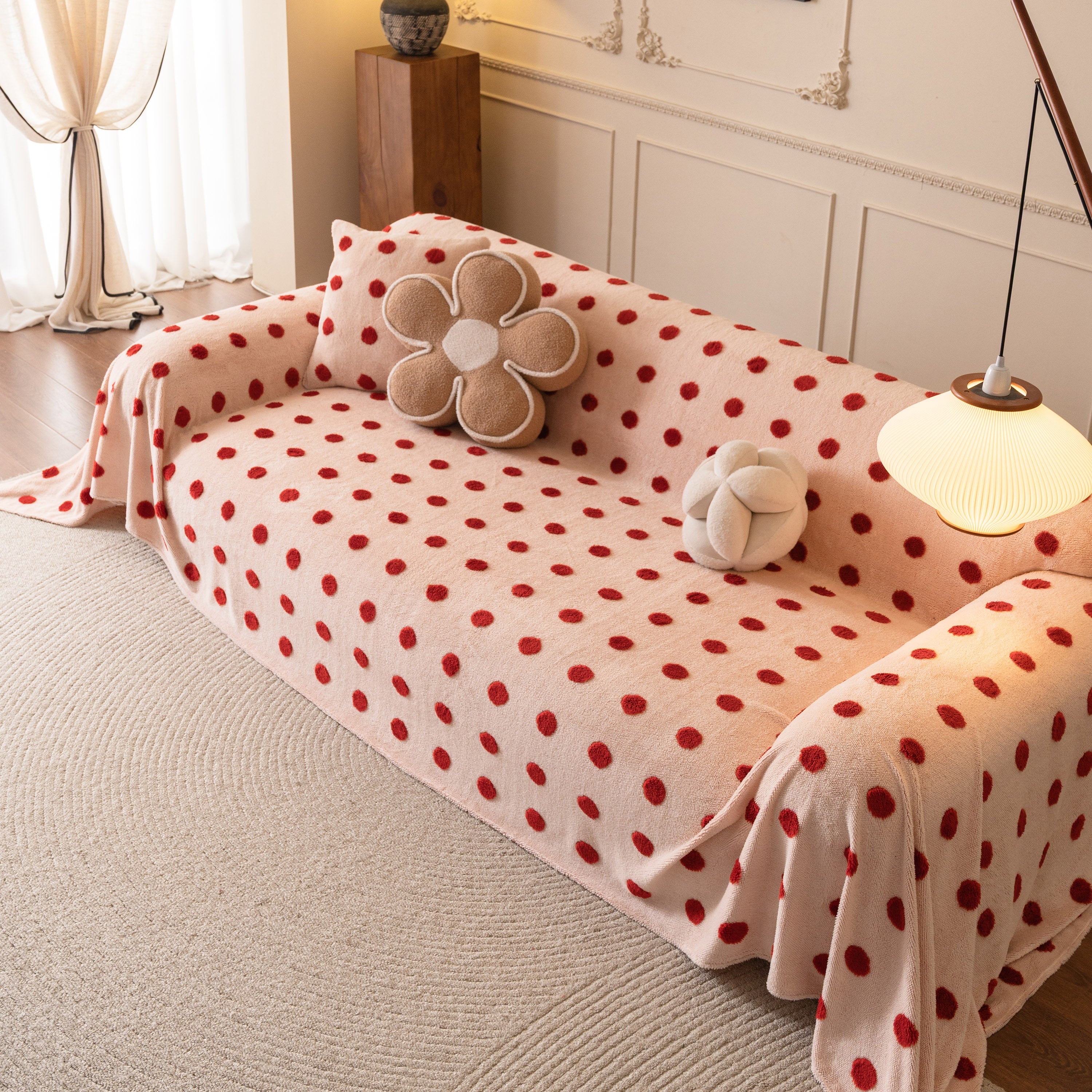 Plush Fleece Sofa Cover Throw, Soft Textured Polka Dot Couch Protector Blanket For Pets