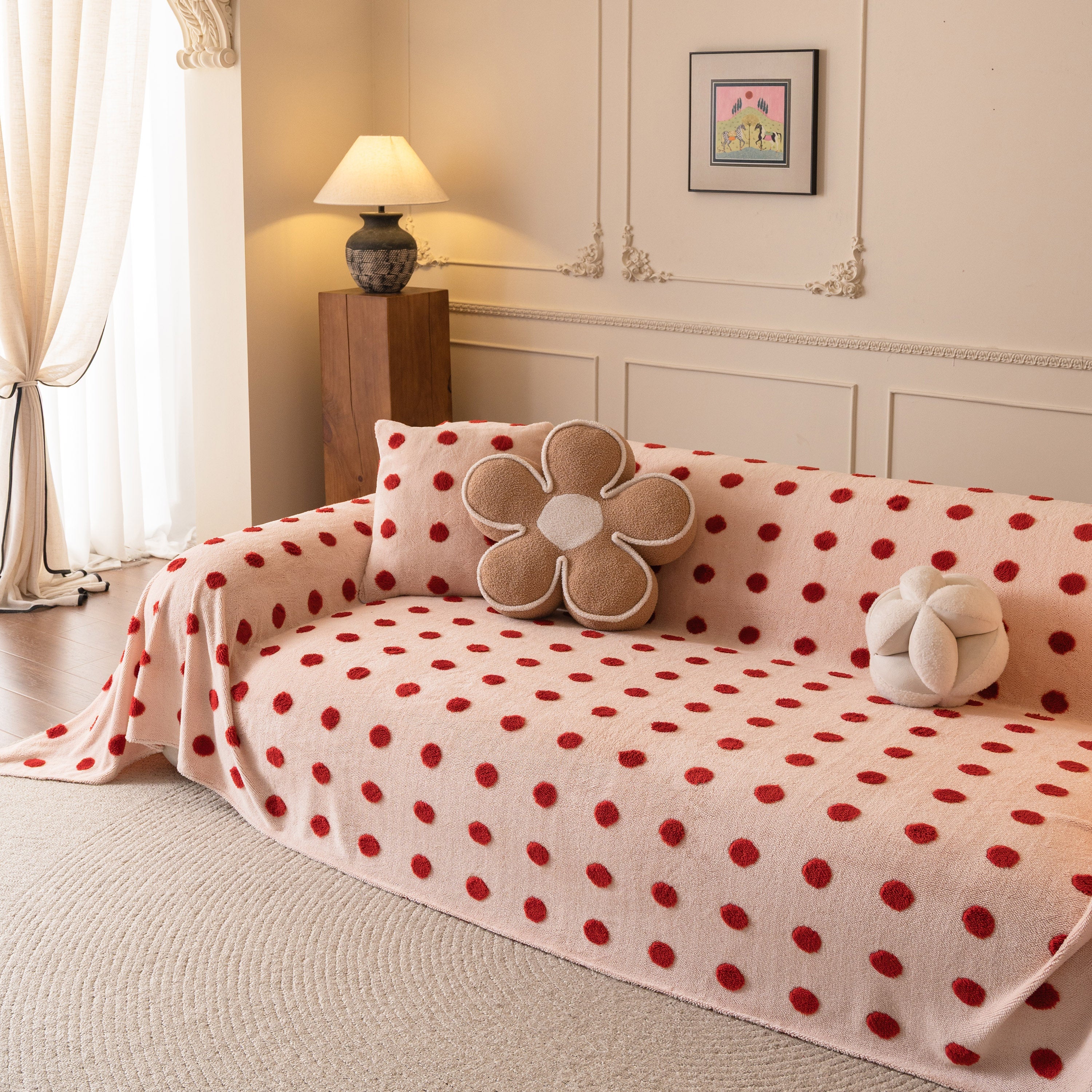 Plush Fleece Sofa Cover Throw, Soft Textured Polka Dot Couch Protector Blanket For Pets