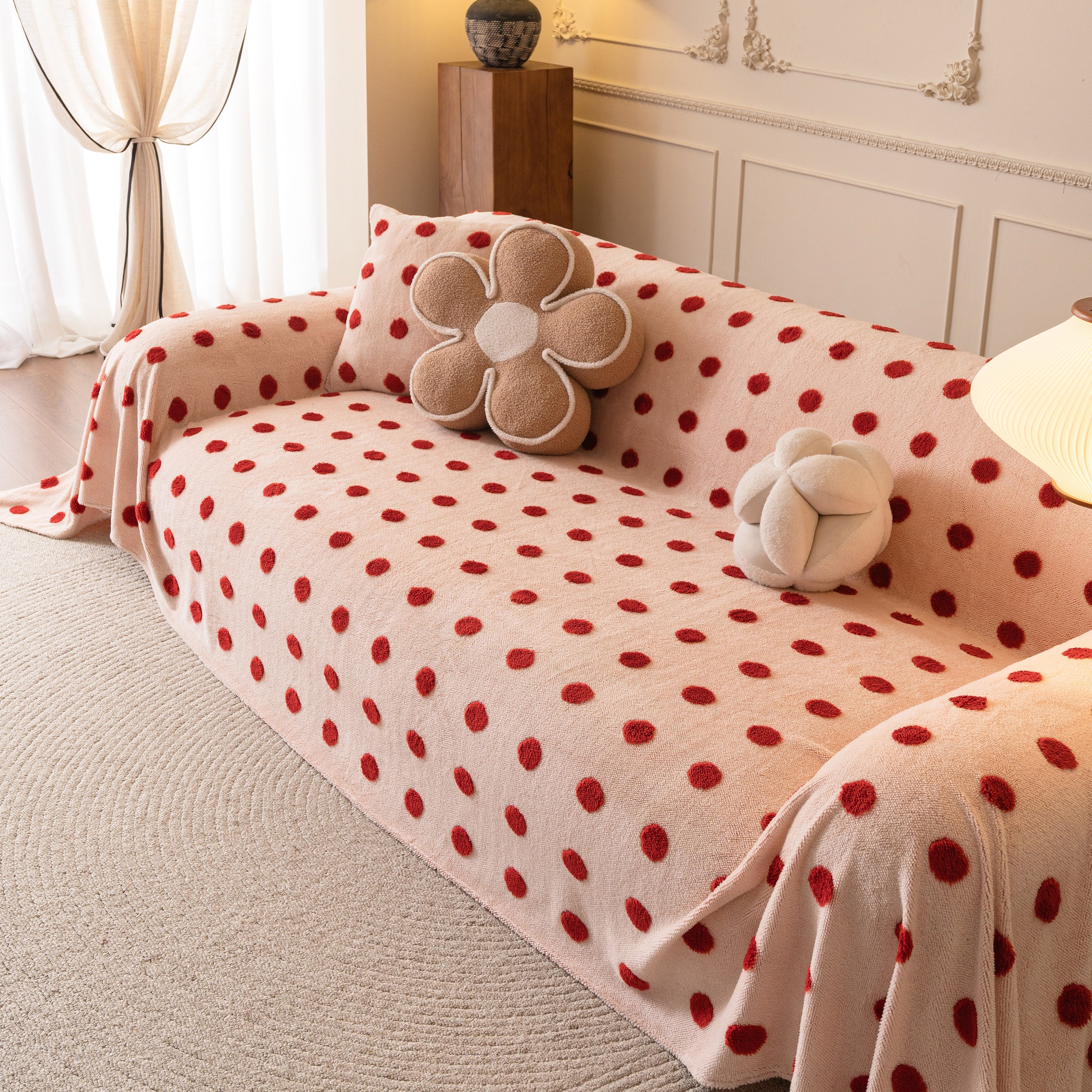 Plush Fleece Sofa Cover Throw, Soft Textured Polka Dot Couch Protector Blanket For Pets