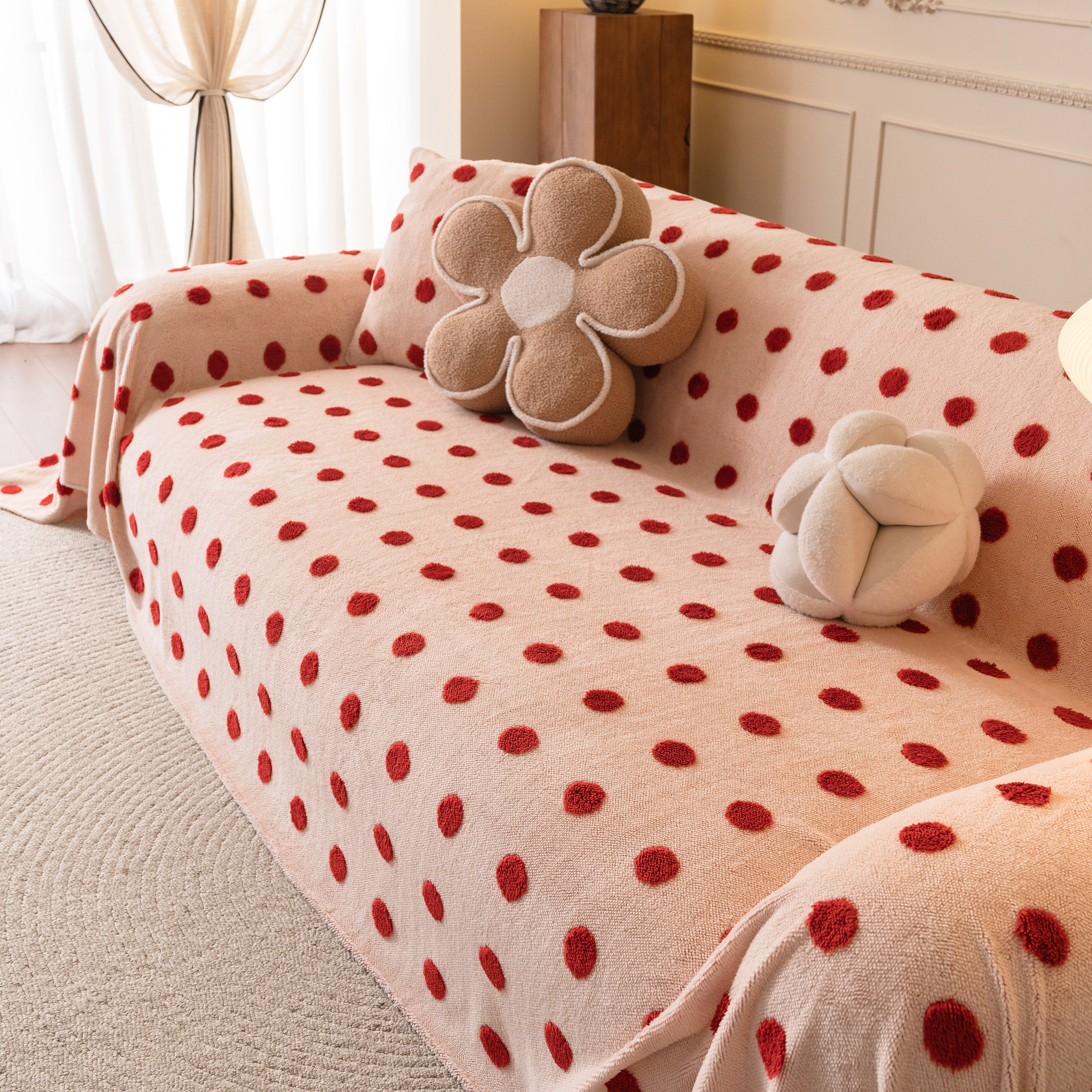 Plush Fleece Sofa Cover Throw, Soft Textured Polka Dot Couch Protector Blanket For Pets