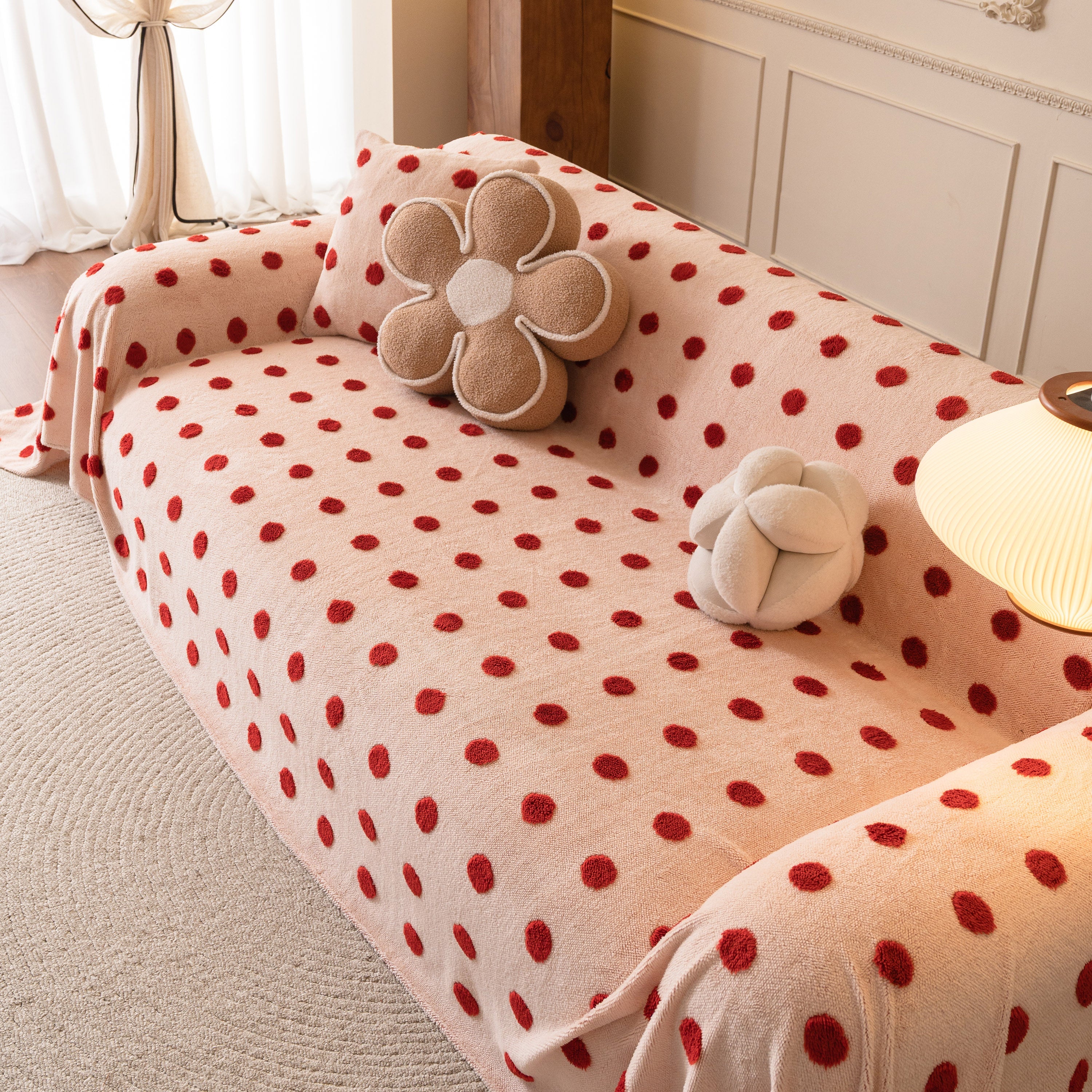 Plush Fleece Sofa Cover Throw, Soft Textured Polka Dot Couch Protector Blanket For Pets