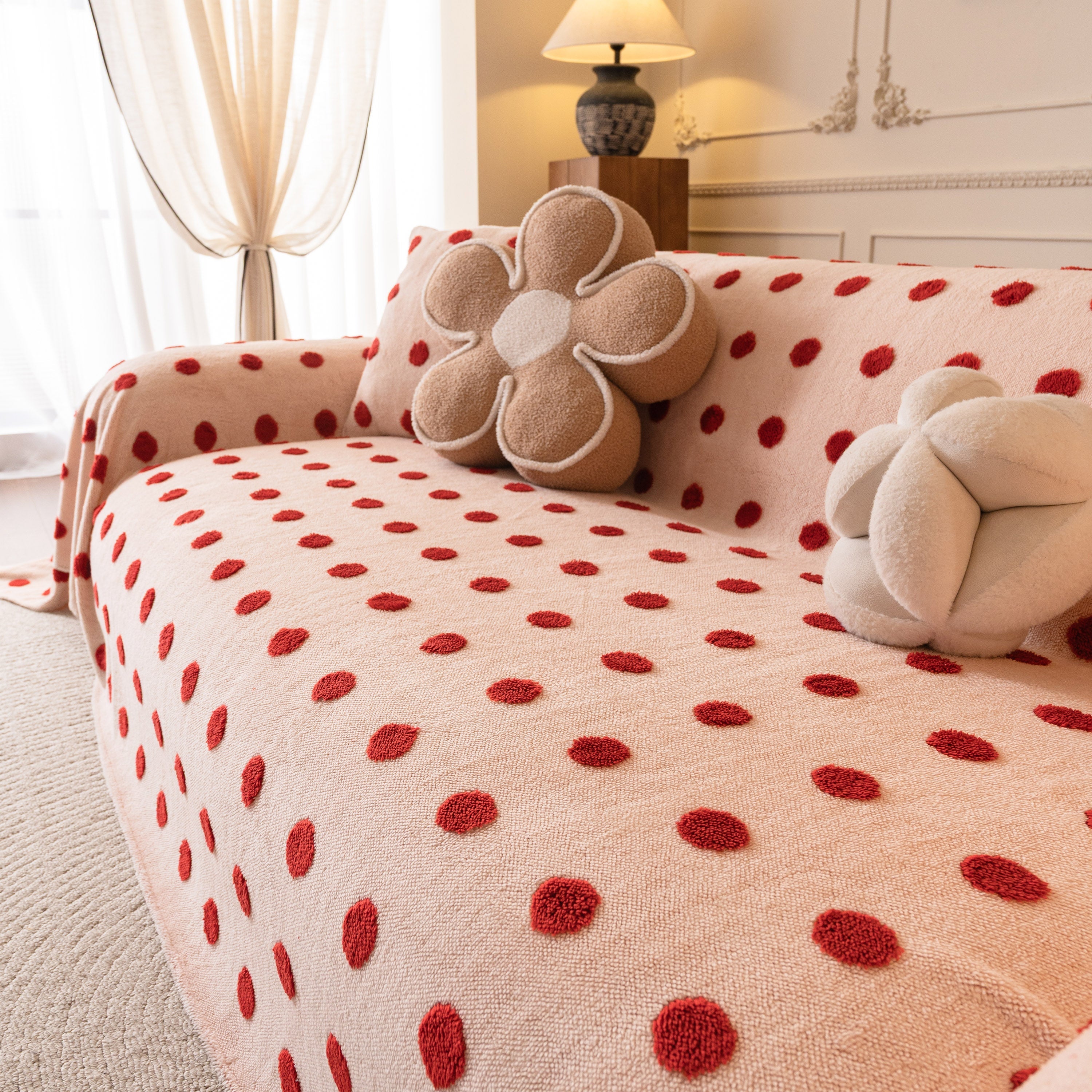 Plush Fleece Sofa Cover Throw, Soft Textured Polka Dot Couch Protector Blanket For Pets