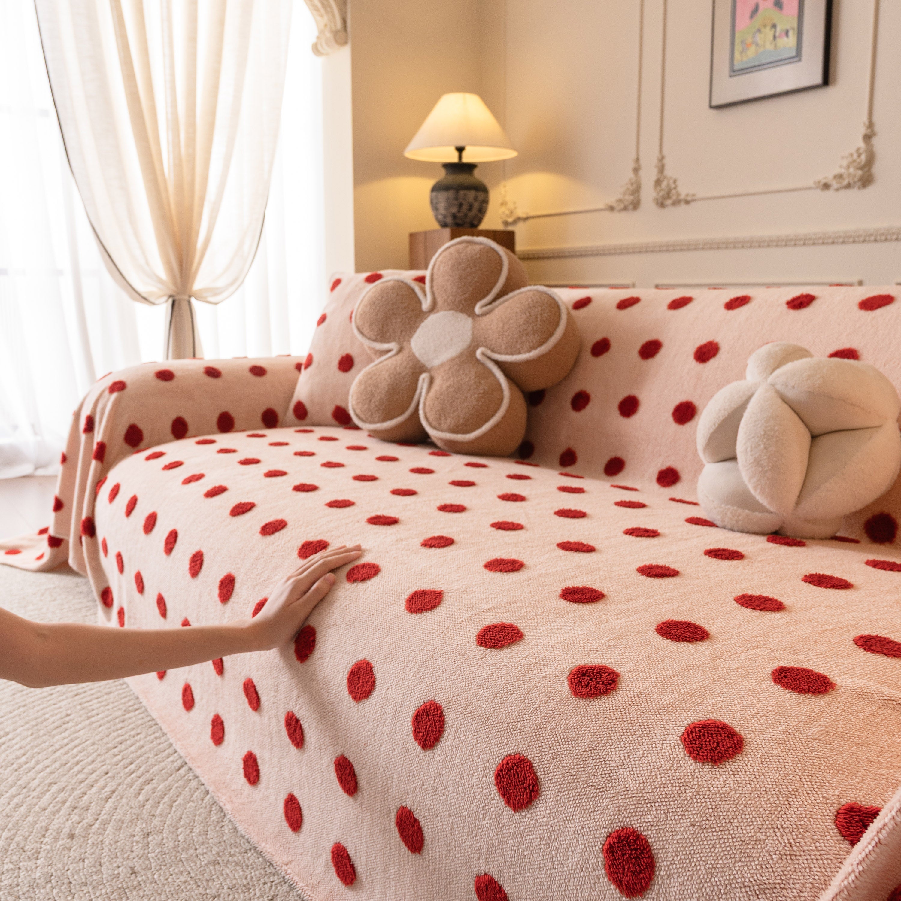 Plush Fleece Sofa Cover Throw, Soft Textured Polka Dot Couch Protector Blanket For Pets