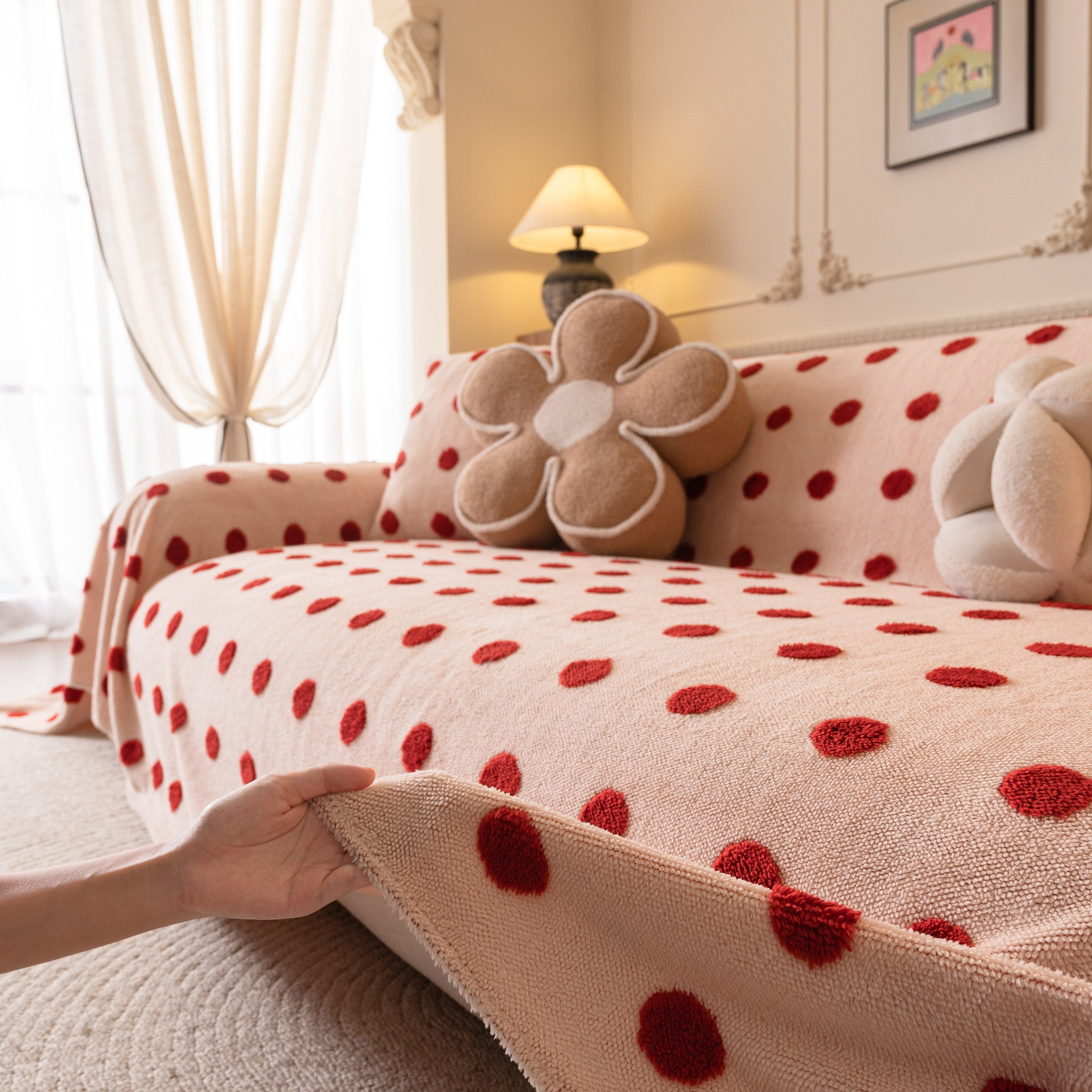 Plush Fleece Sofa Cover Throw, Soft Textured Polka Dot Couch Protector Blanket For Pets