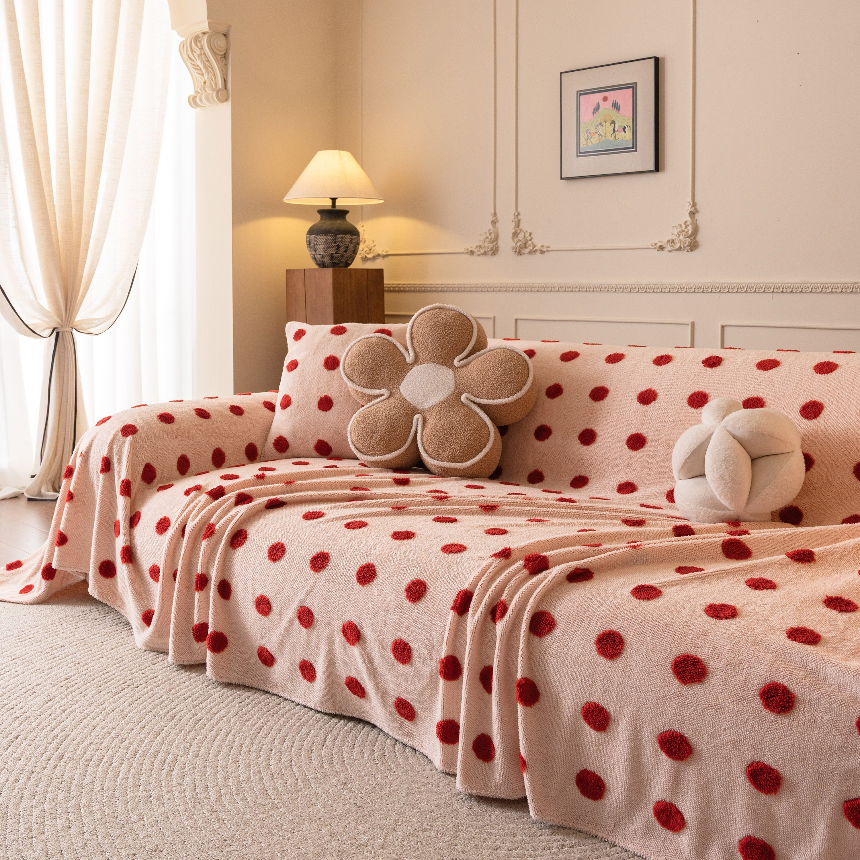 Plush Fleece Sofa Cover Throw, Soft Textured Polka Dot Couch Protector Blanket For Pets