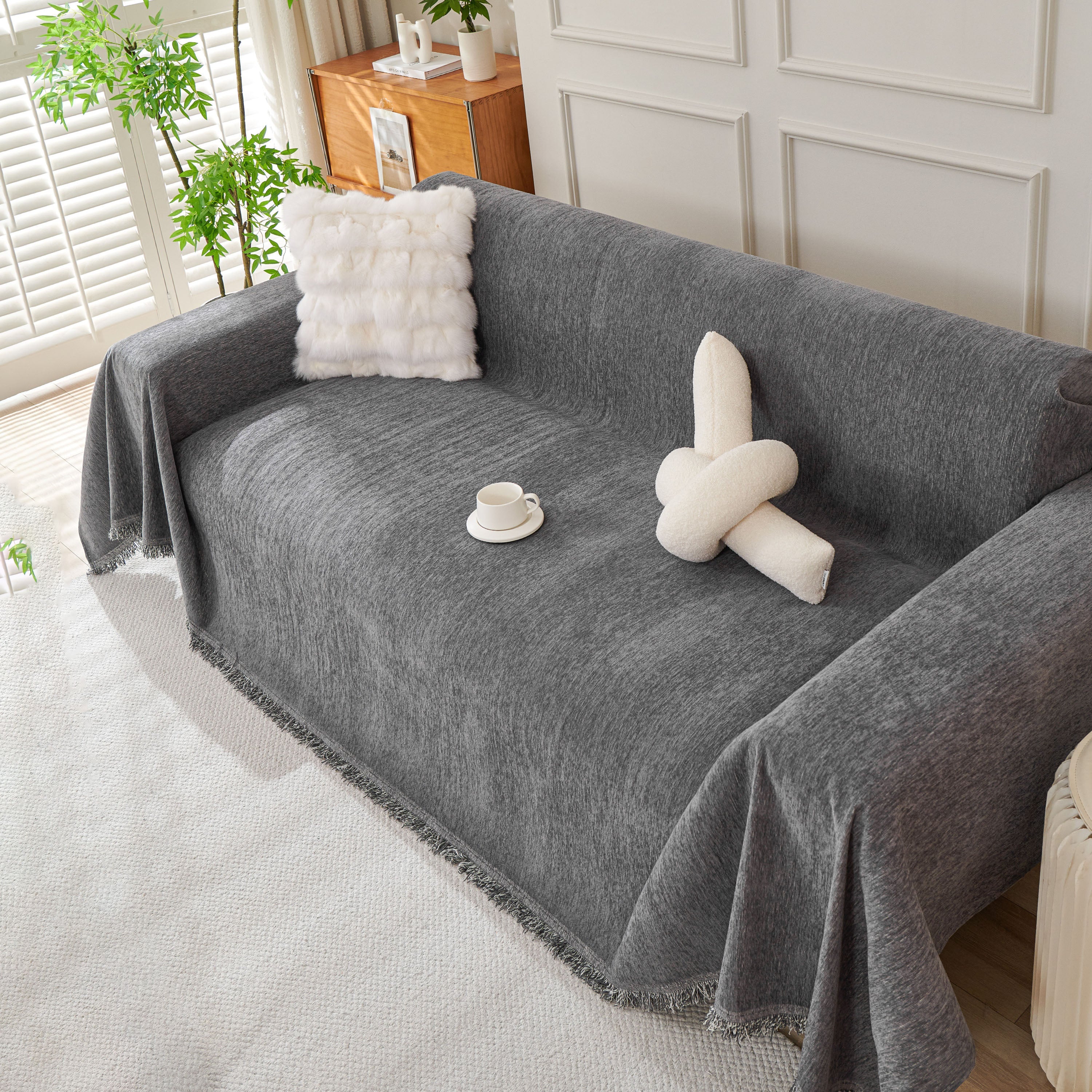 Solid Color Chenille Sofa Throw Blanket, Cozy & Easy Care Fringed Furniture Protector