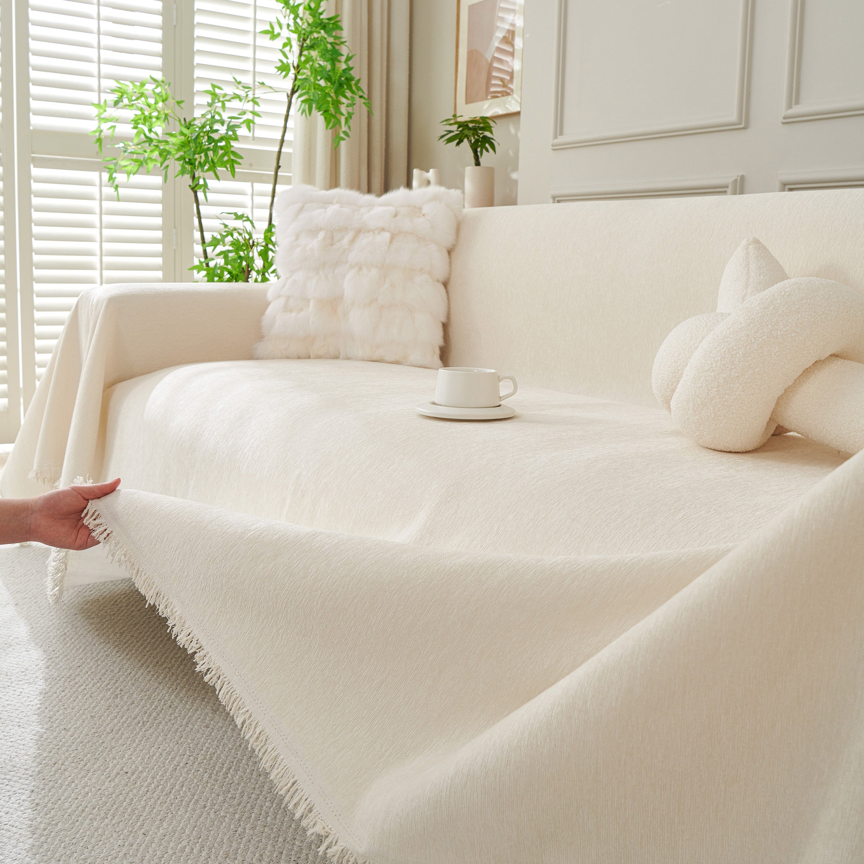 Solid Color Chenille Sofa Throw Blanket, Cozy & Easy Care Fringed Furniture Protector