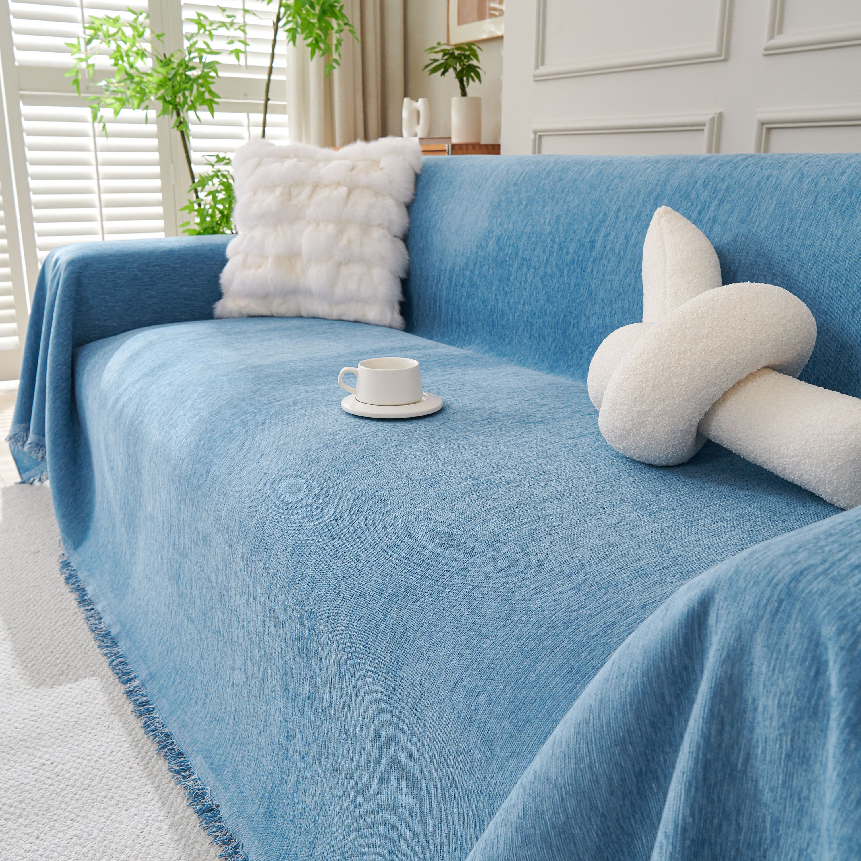 Solid Color Chenille Sofa Throw Blanket, Cozy & Easy Care Fringed Furniture Protector