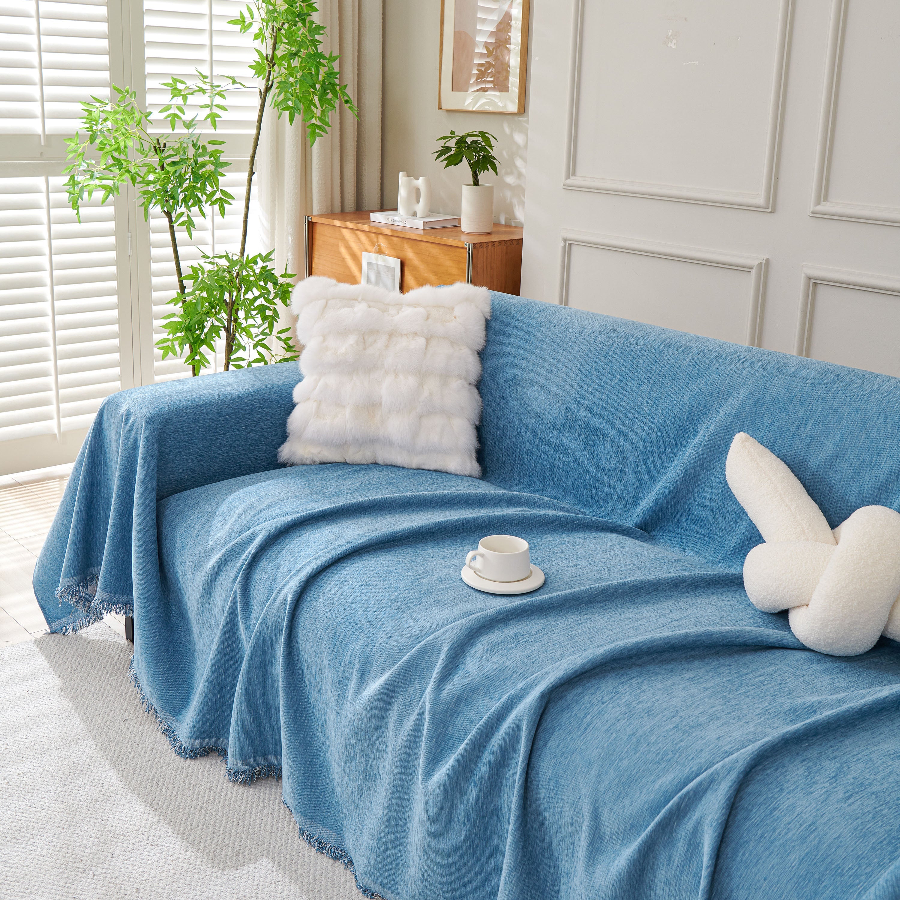 Solid Color Chenille Sofa Throw Blanket, Cozy & Easy Care Fringed Furniture Protector
