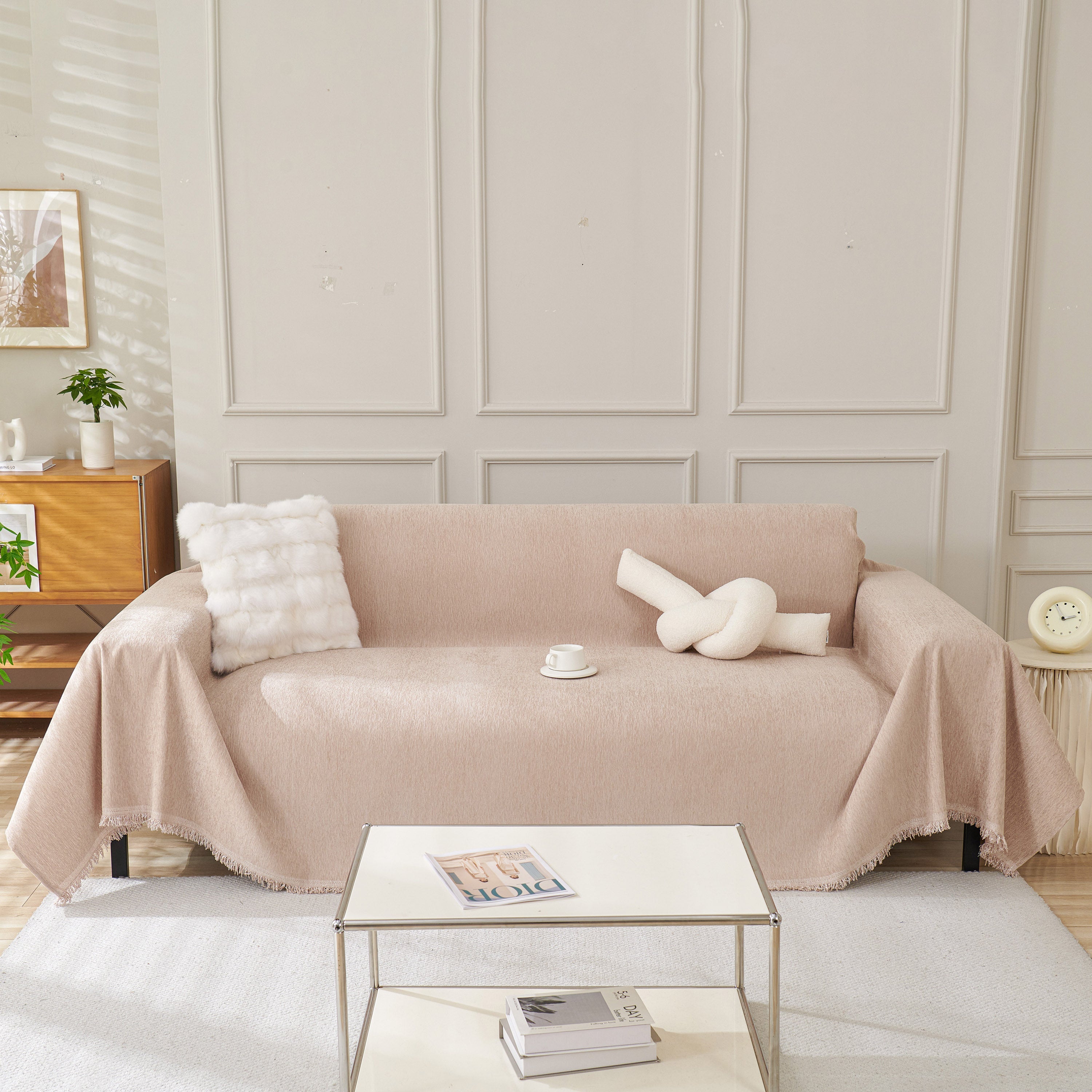 Solid Color Chenille Sofa Throw Blanket, Modern Decor Soft Couch Cover With Fringes