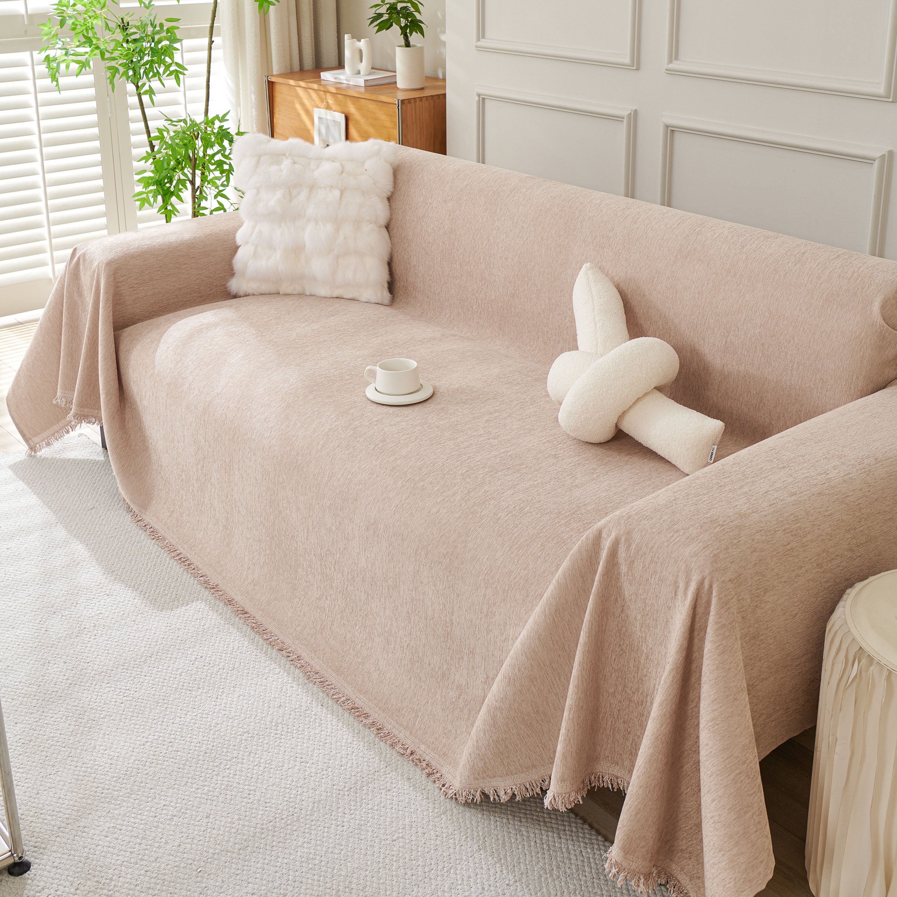 Solid Color Chenille Sofa Throw Blanket, Modern Decor Soft Couch Cover With Fringes