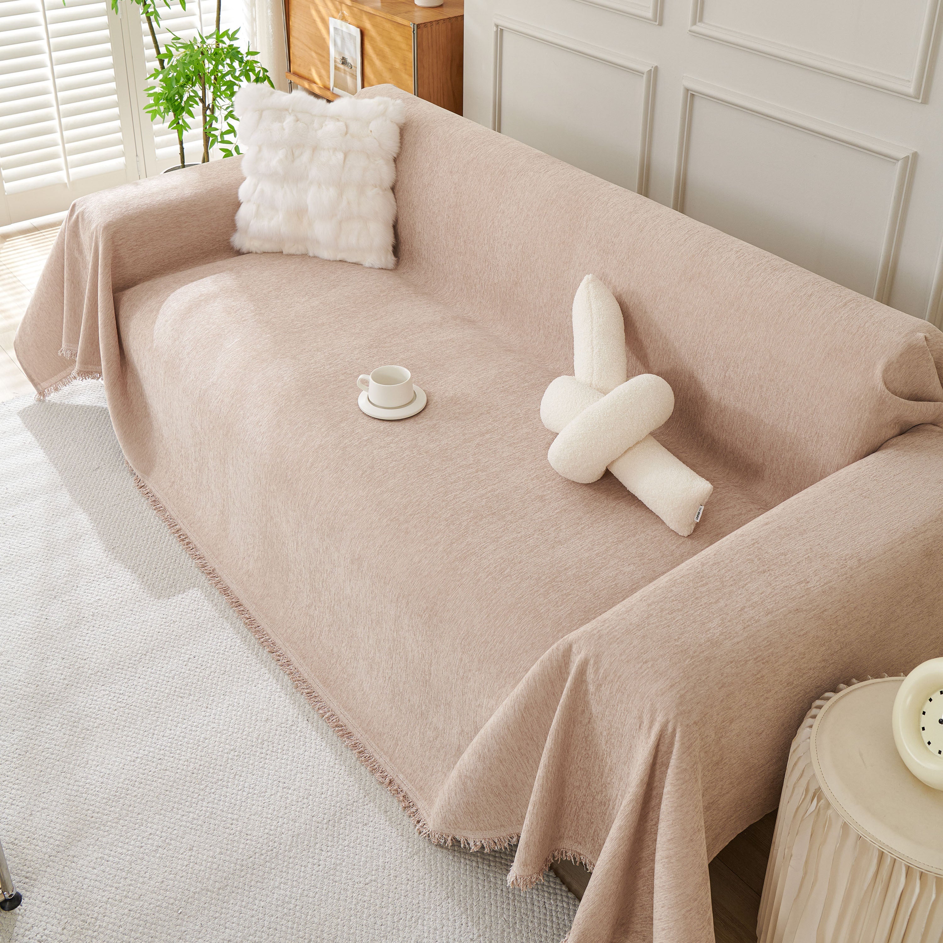 Solid Color Chenille Sofa Throw Blanket, Modern Decor Soft Couch Cover With Fringes
