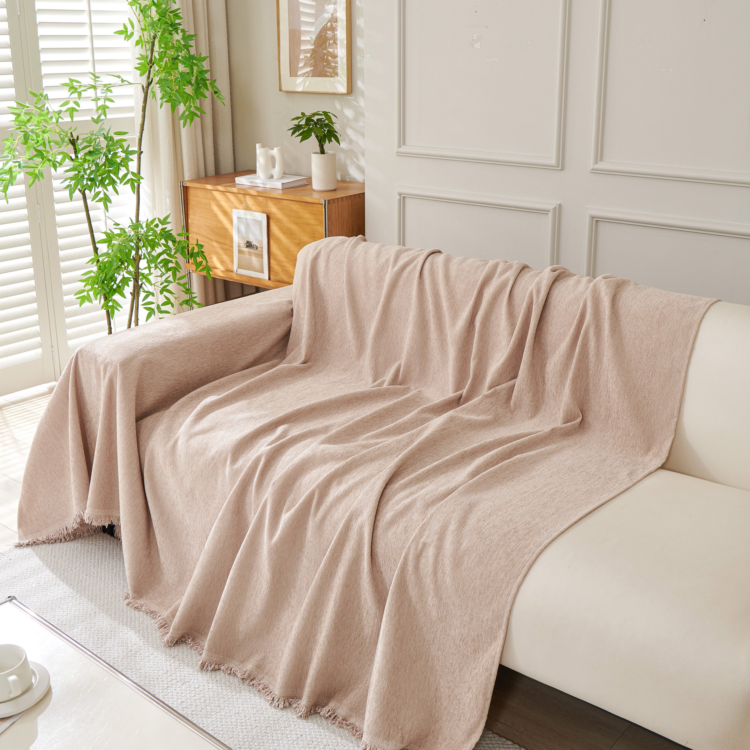 Solid Color Chenille Sofa Throw Blanket, Modern Decor Soft Couch Cover With Fringes