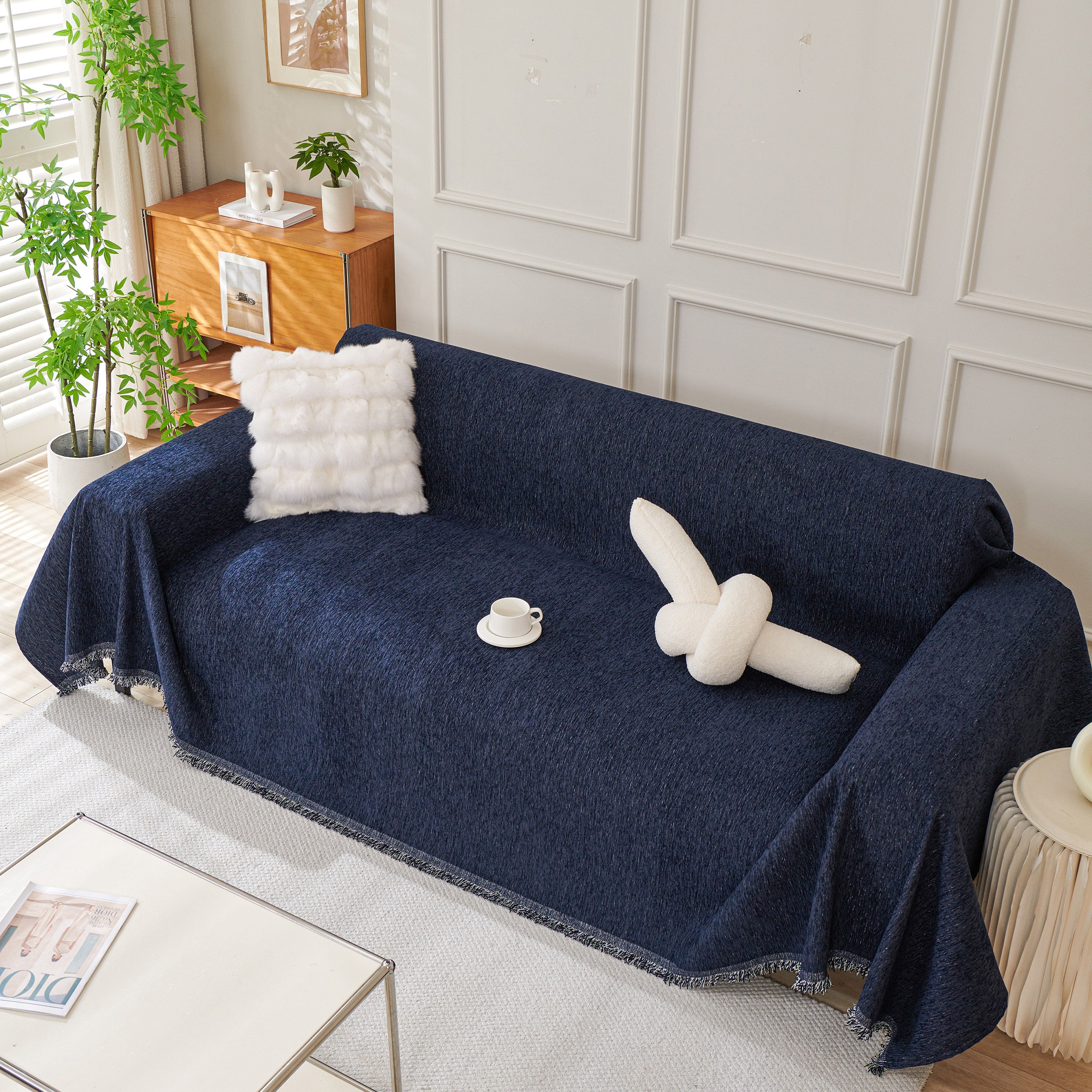 Solid Color Chenille Sofa Throw Blanket, Modern Decor Soft Couch Cover With Fringes