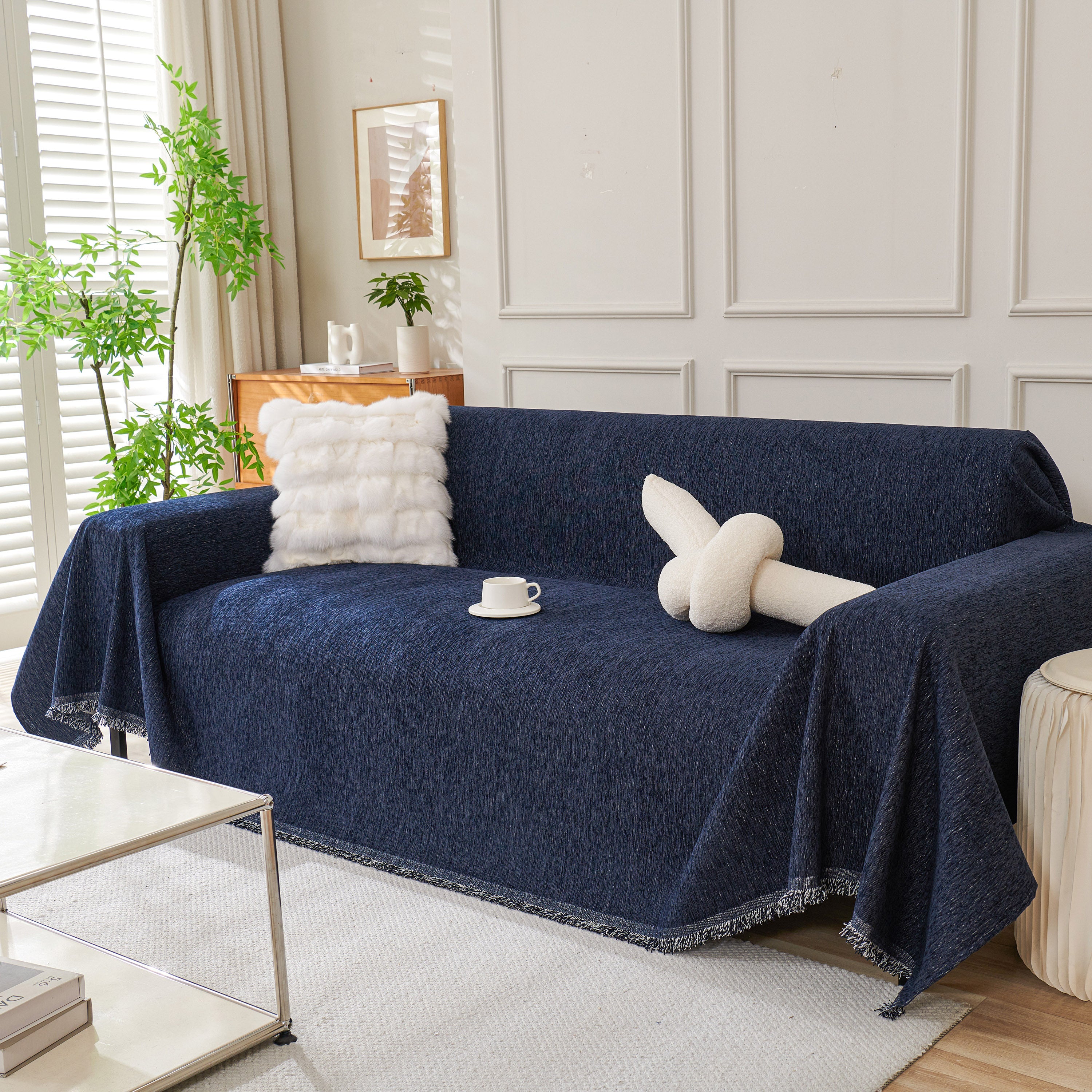Solid Color Chenille Sofa Throw Blanket, Modern Decor Soft Couch Cover With Fringes