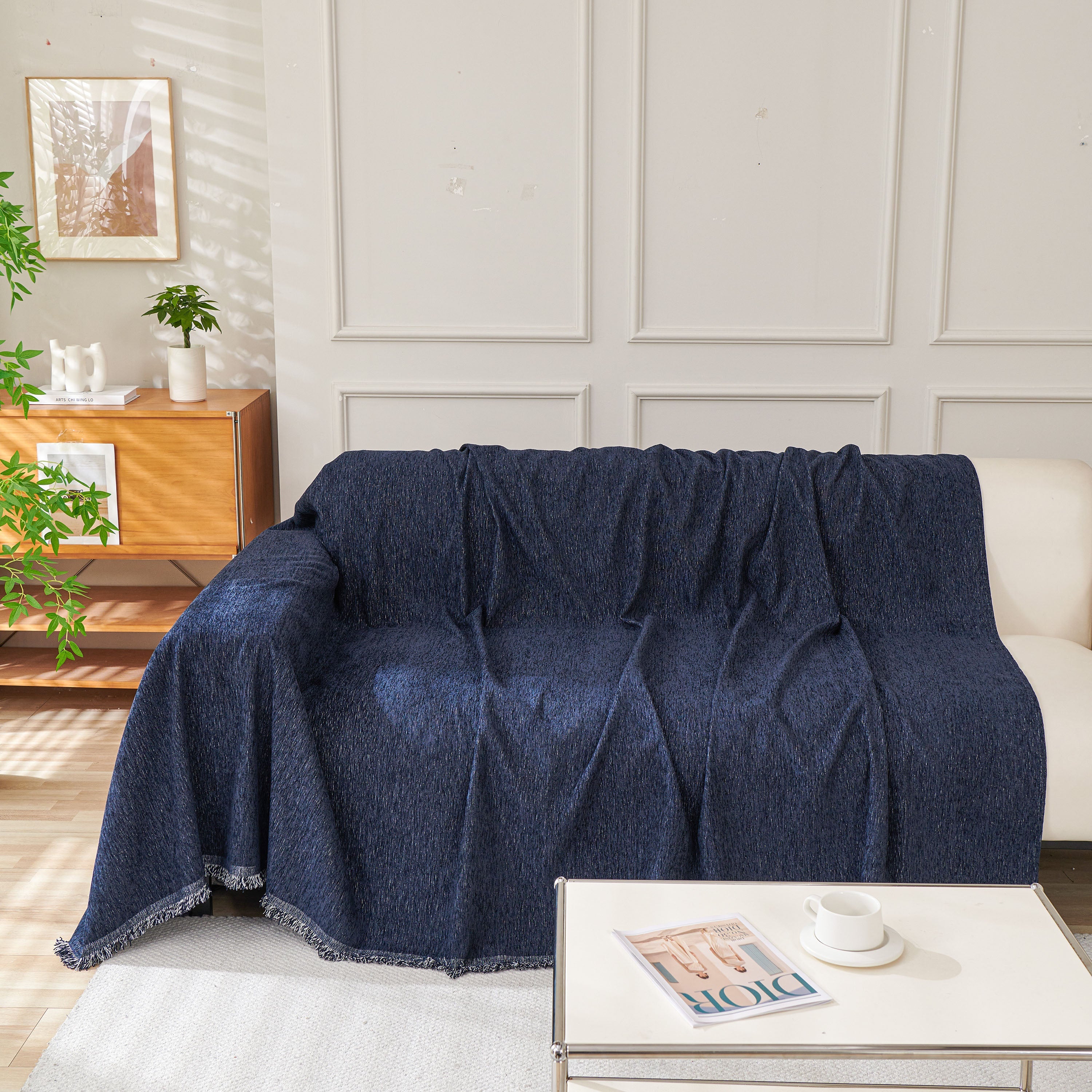 Solid Color Chenille Sofa Throw Blanket, Modern Decor Soft Couch Cover With Fringes