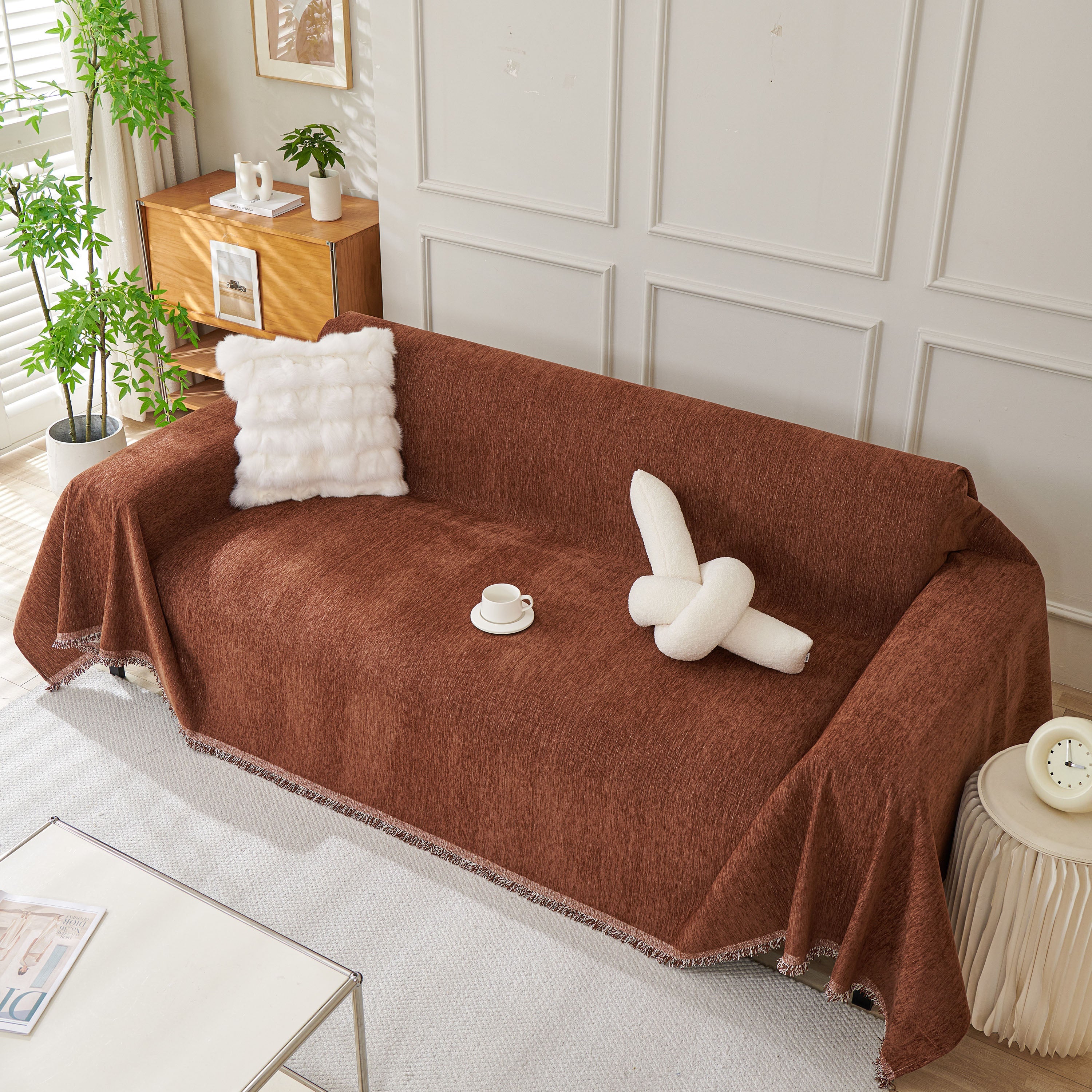 Solid Color Chenille Sofa Throw Blanket, Modern Decor Soft Couch Cover With Fringes