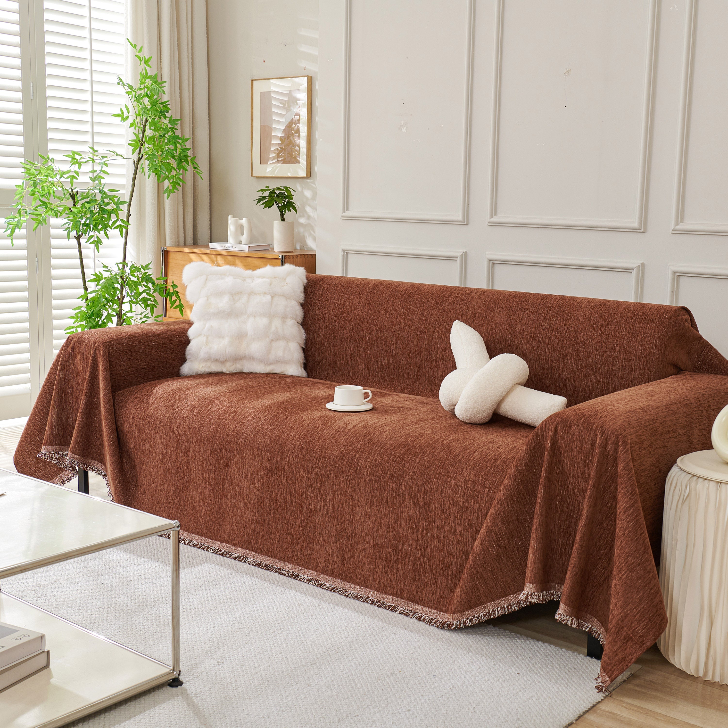 Solid Color Chenille Sofa Throw Blanket, Modern Decor Soft Couch Cover With Fringes