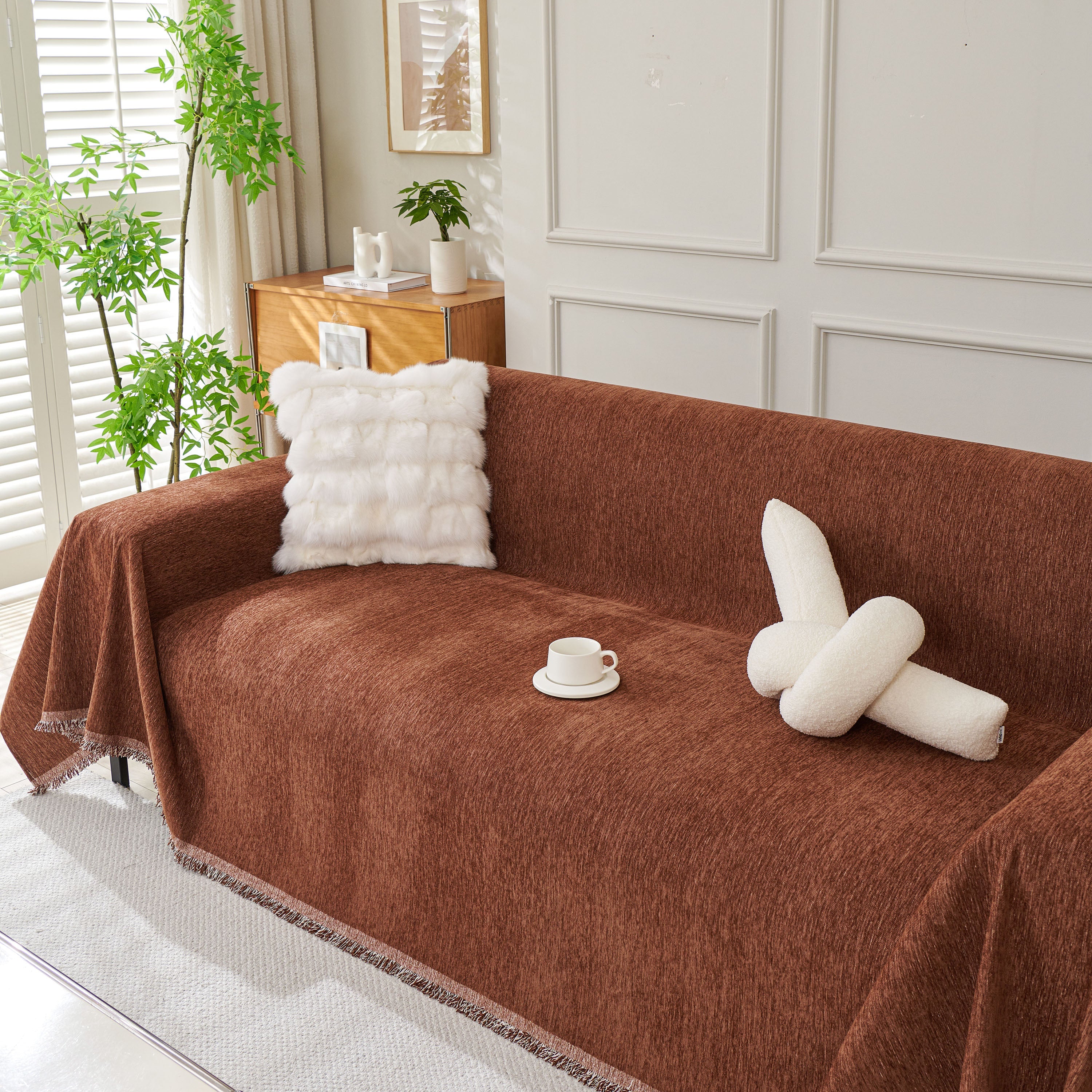 Solid Color Chenille Sofa Throw Blanket, Modern Decor Soft Couch Cover With Fringes