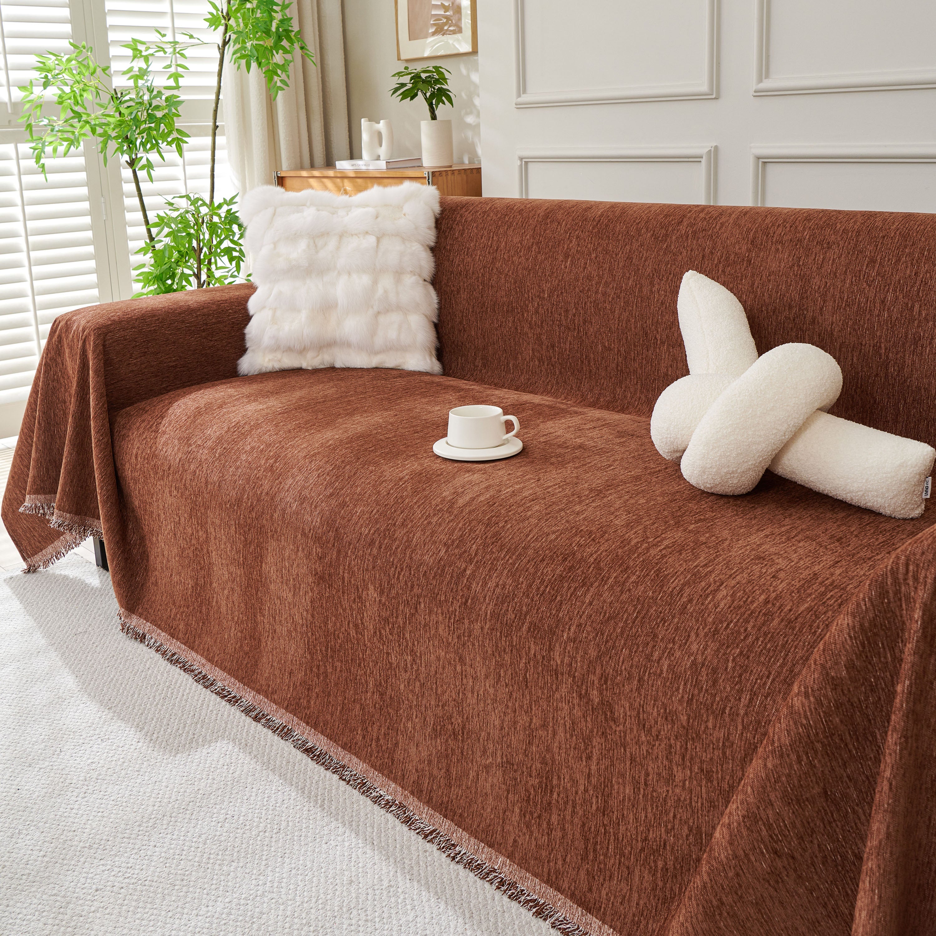 Solid Color Chenille Sofa Throw Blanket, Modern Decor Soft Couch Cover With Fringes