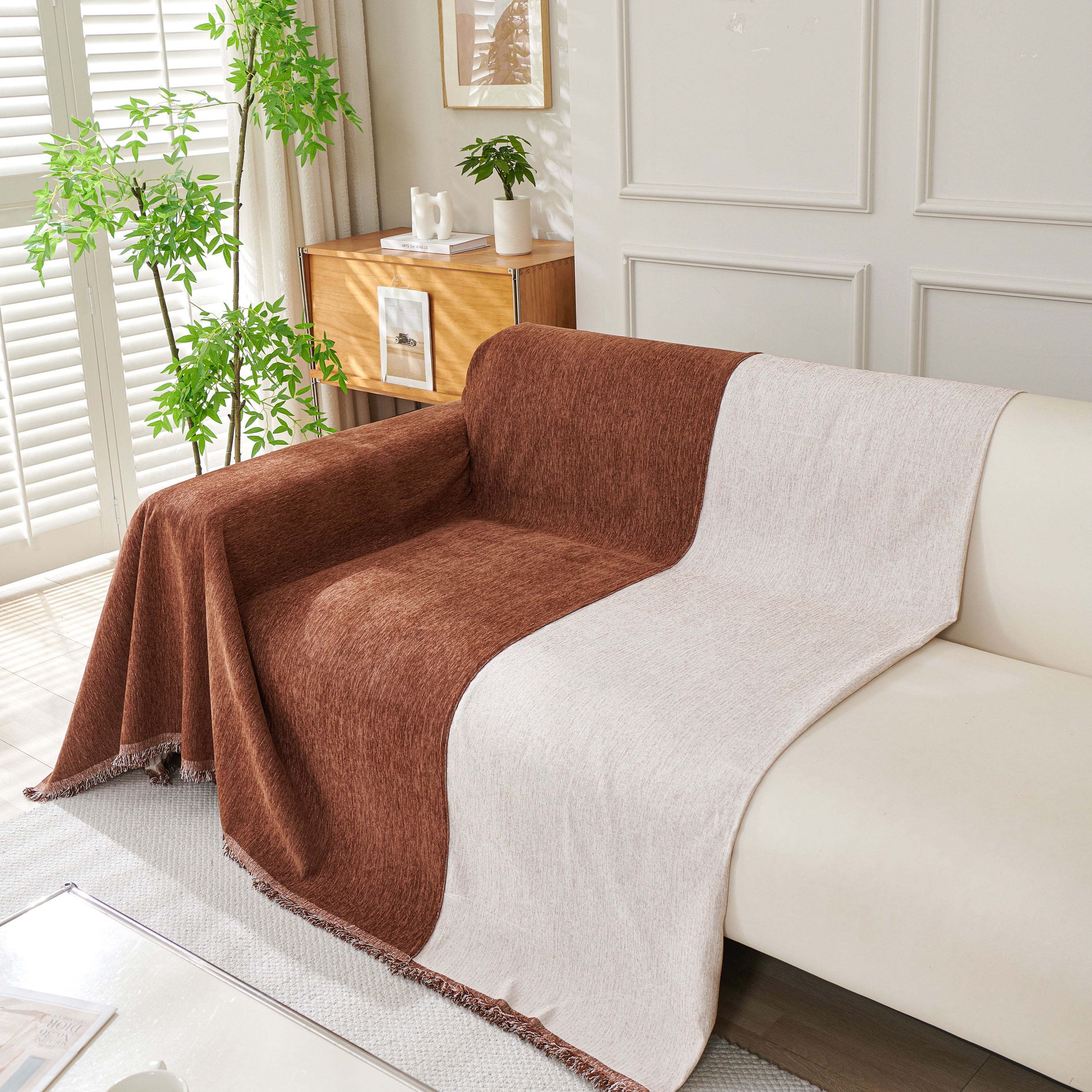 Solid Color Chenille Sofa Throw Blanket, Modern Decor Soft Couch Cover With Fringes