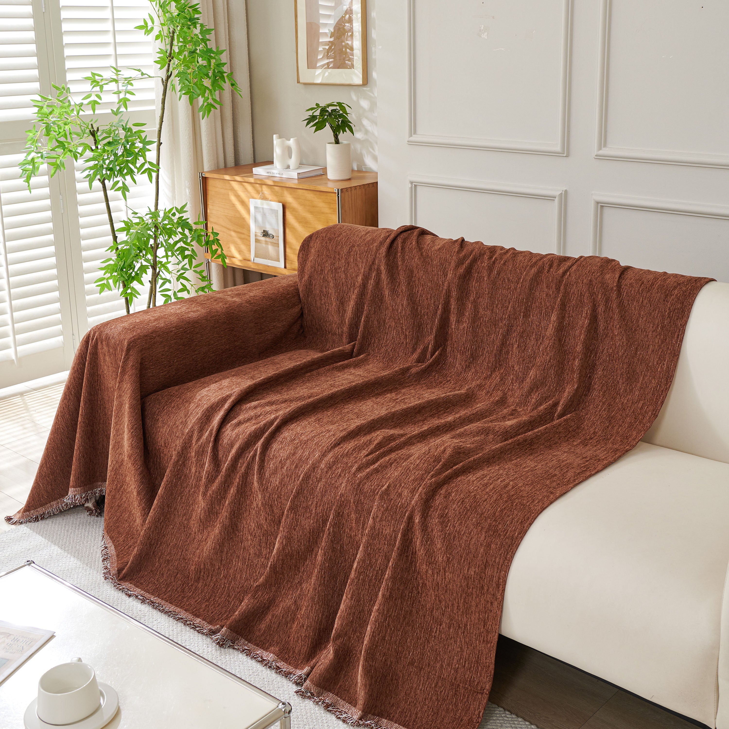 Solid Color Chenille Sofa Throw Blanket, Modern Decor Soft Couch Cover With Fringes