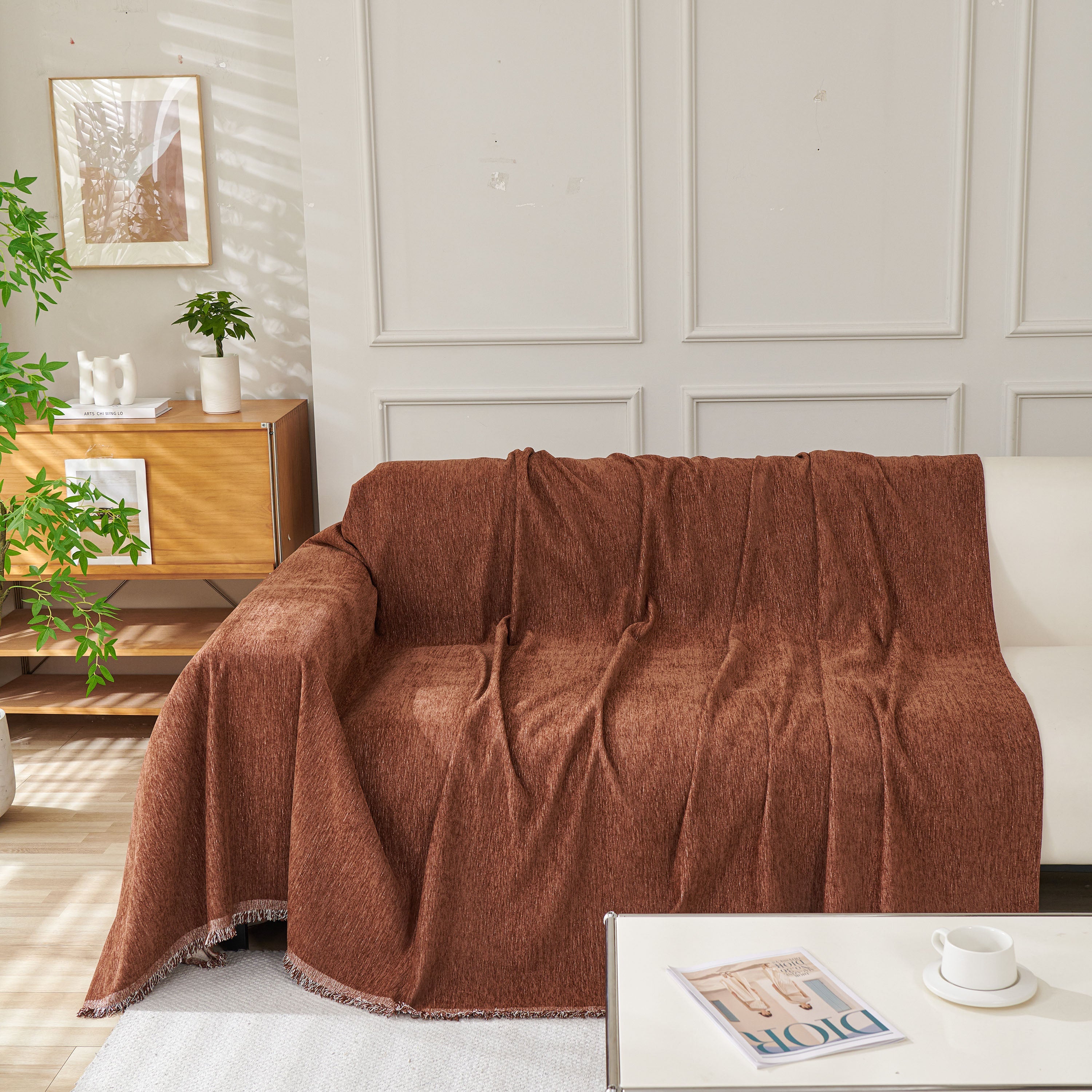 Solid Color Chenille Sofa Throw Blanket, Modern Decor Soft Couch Cover With Fringes