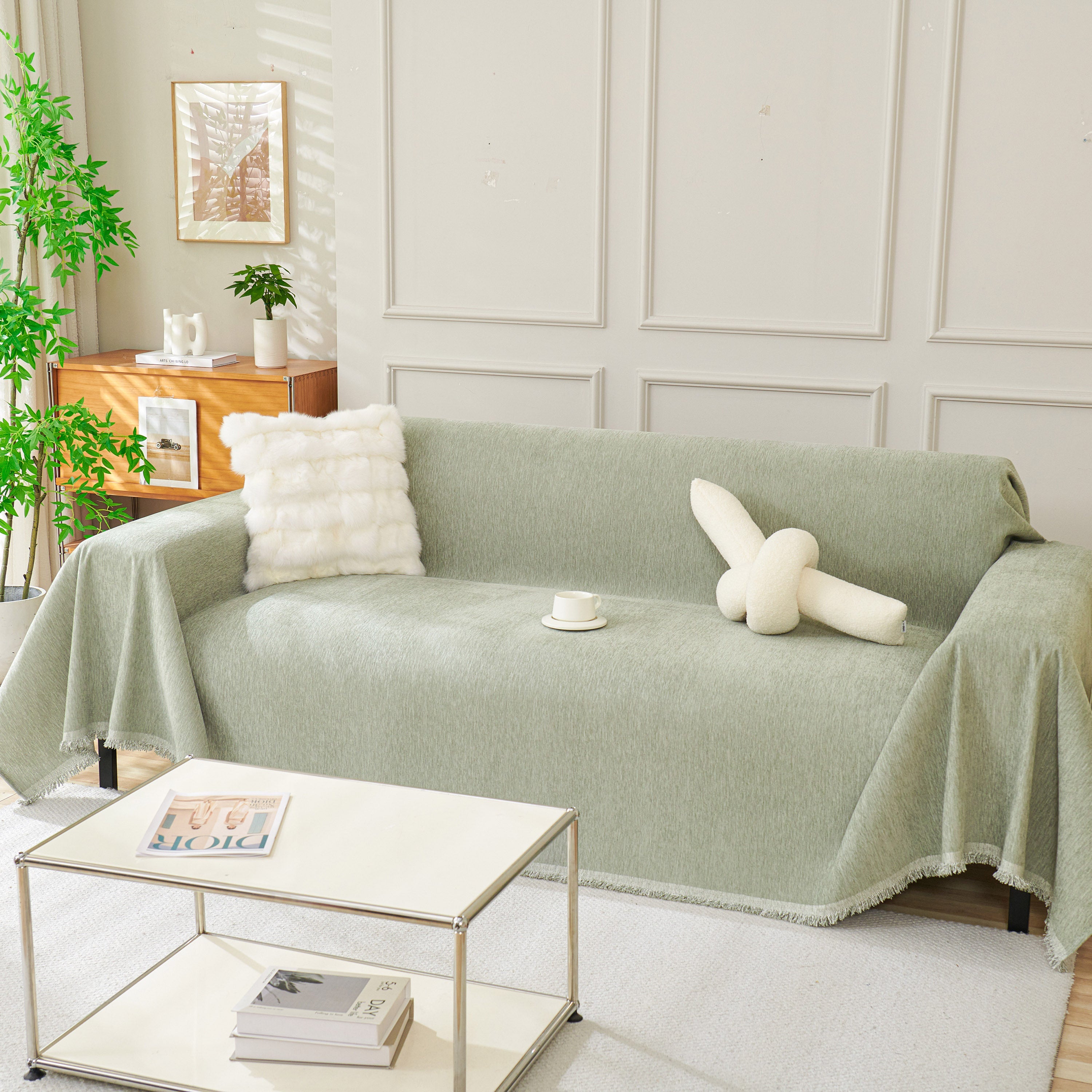 Solid Color Chenille Sofa Throw Blanket, Modern Decor Soft Couch Cover With Fringes