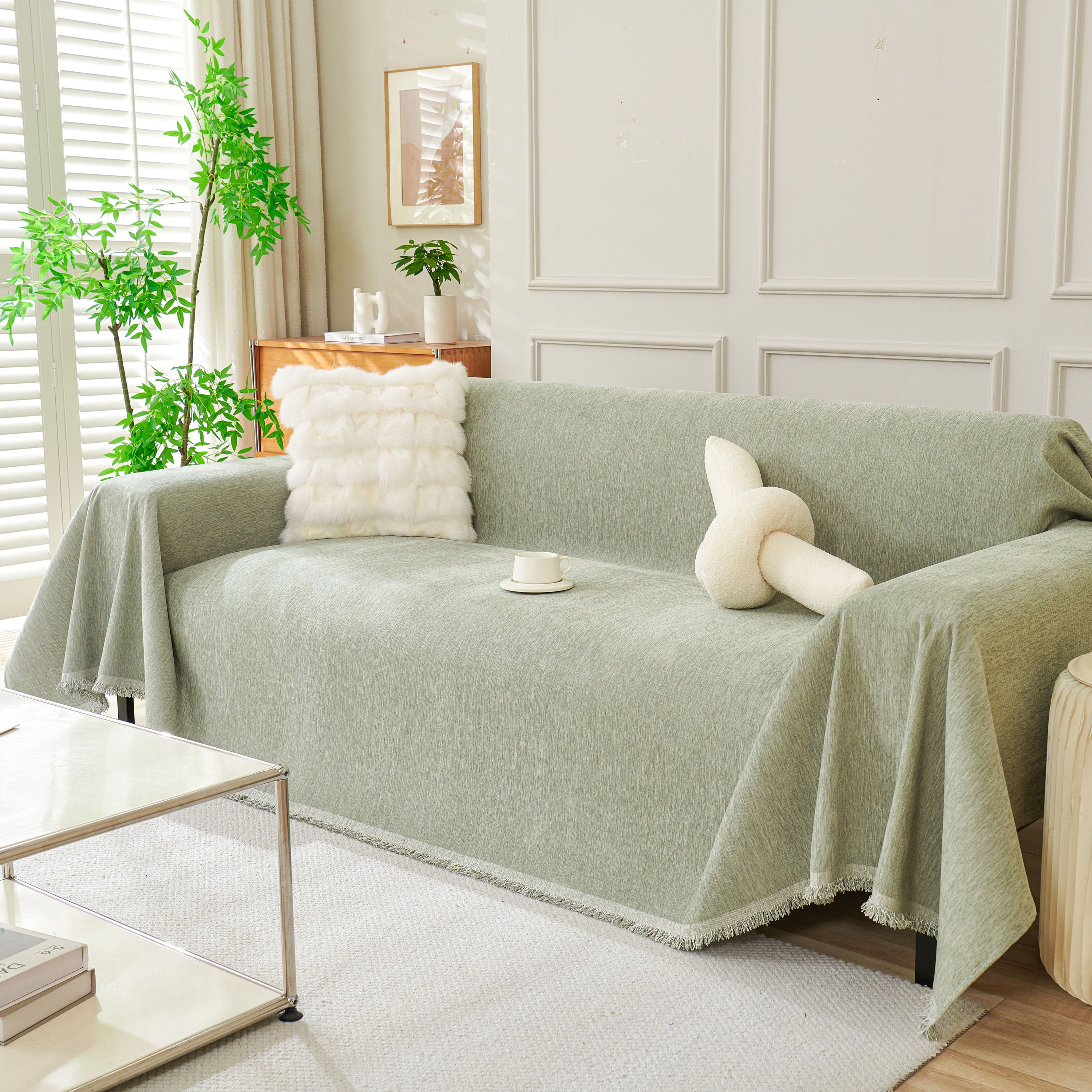 Solid Color Chenille Sofa Throw Blanket, Modern Decor Soft Couch Cover With Fringes