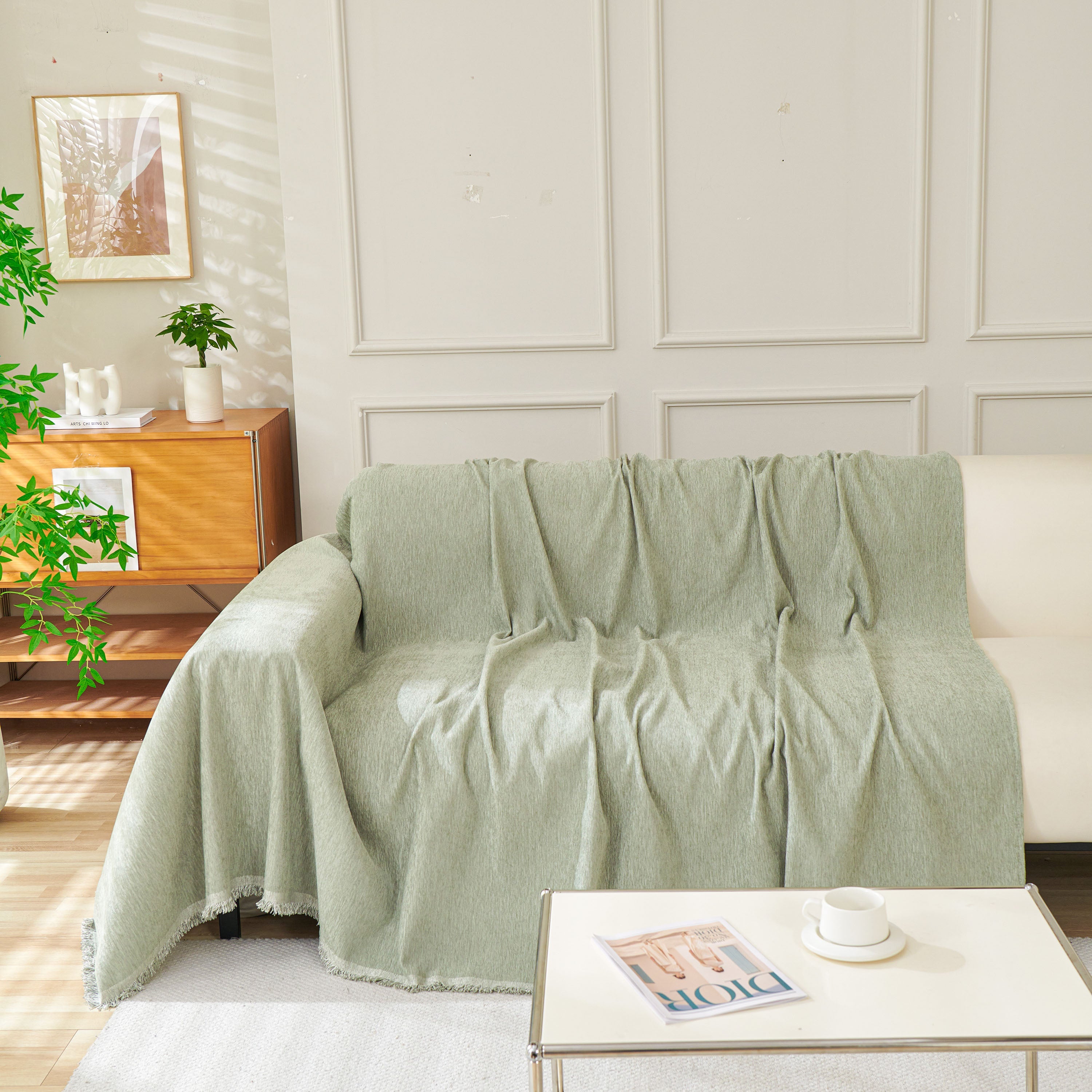 Solid Color Chenille Sofa Throw Blanket, Modern Decor Soft Couch Cover With Fringes