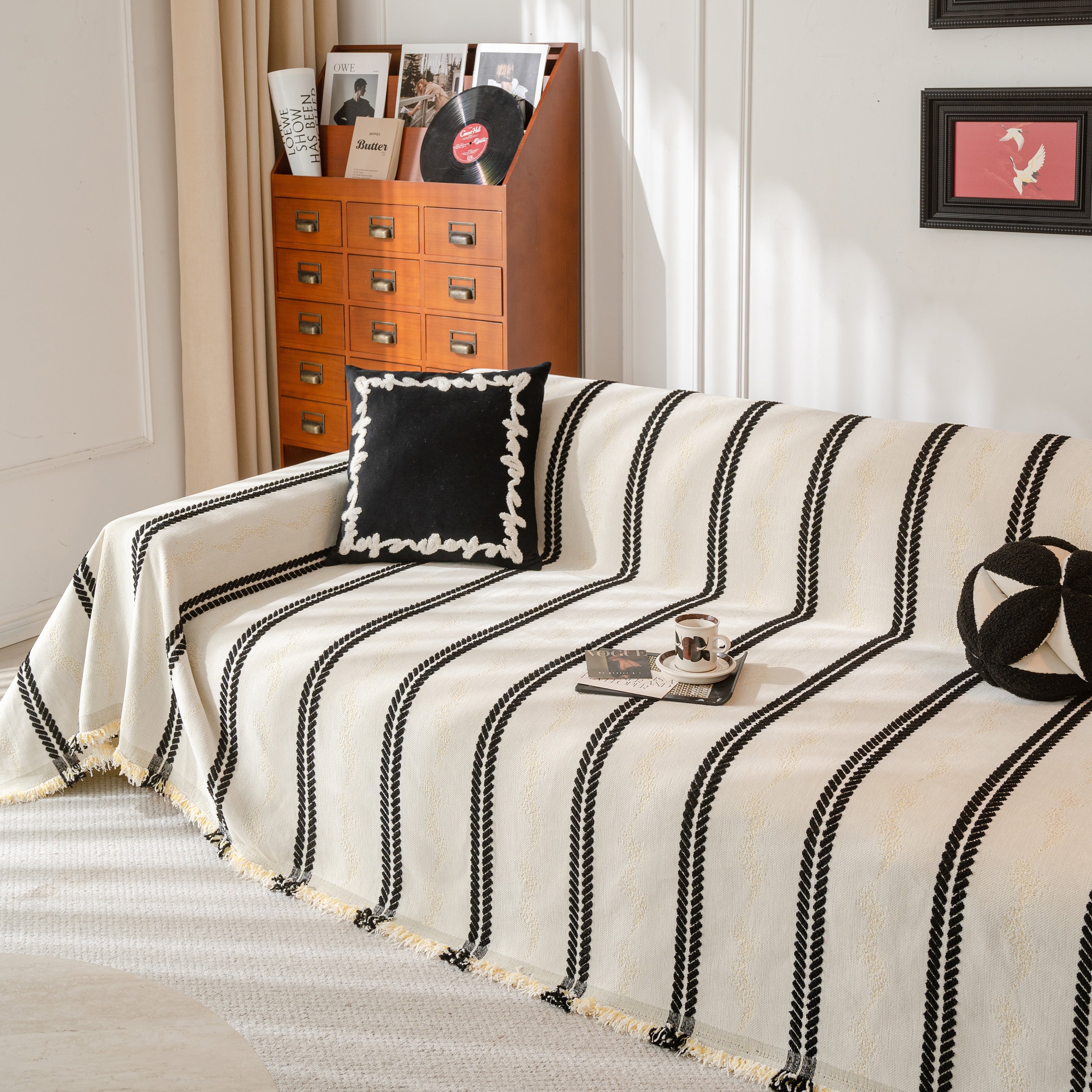 Boho Couch Throw Blanket With Textured Stripes, Sofa Cover For Living Room Decor