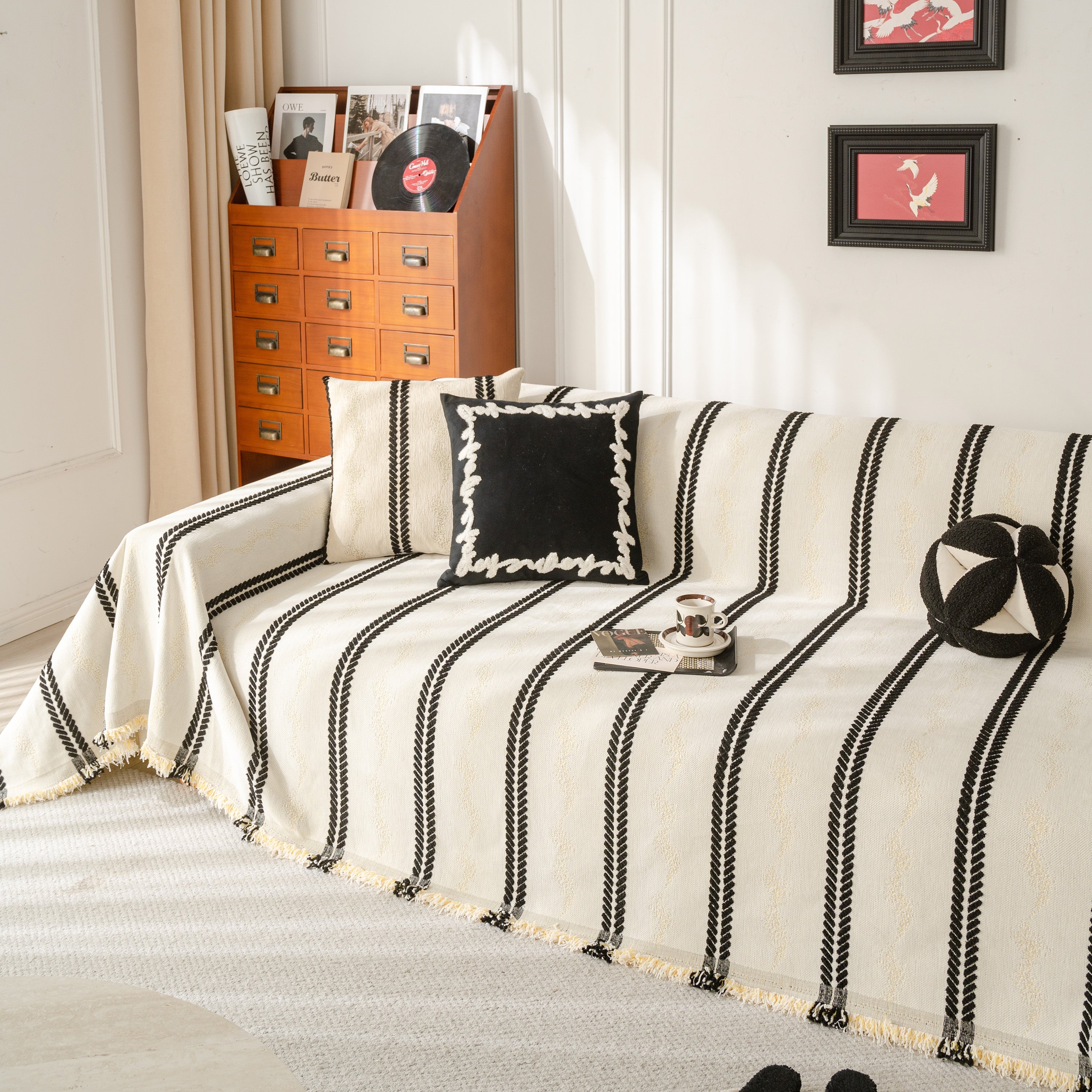 Boho Couch Throw Blanket With Textured Stripes, Sofa Cover For Living Room Decor