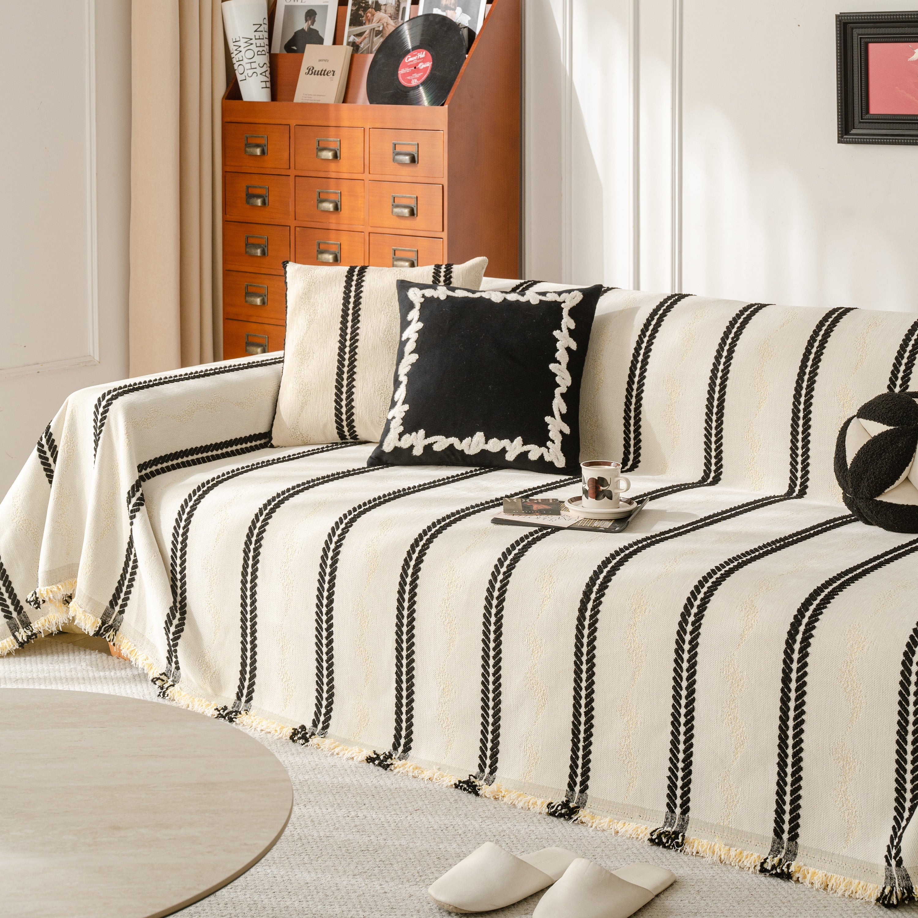 Boho Couch Throw Blanket With Textured Stripes, Sofa Cover For Living Room Decor