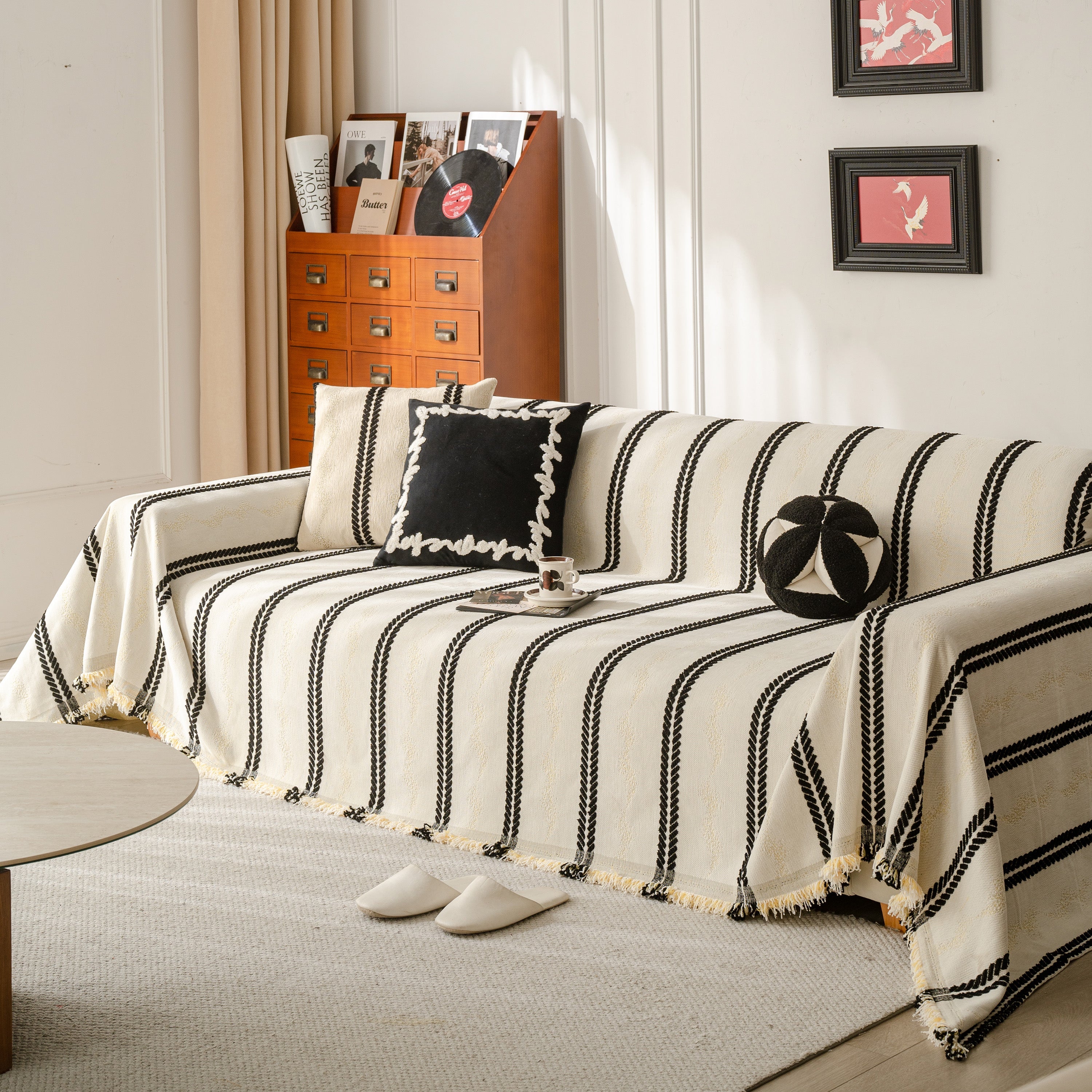 Boho Couch Throw Blanket With Textured Stripes, Sofa Cover For Living Room Decor