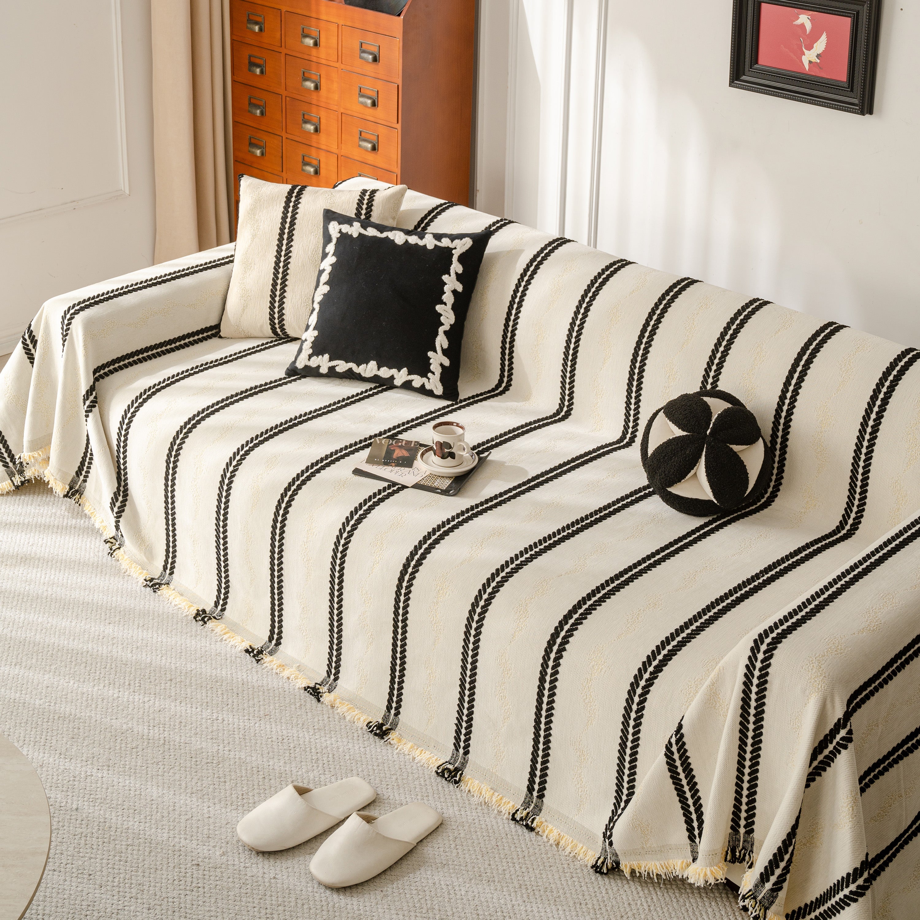 Boho Couch Throw Blanket With Textured Stripes, Sofa Cover For Living Room Decor