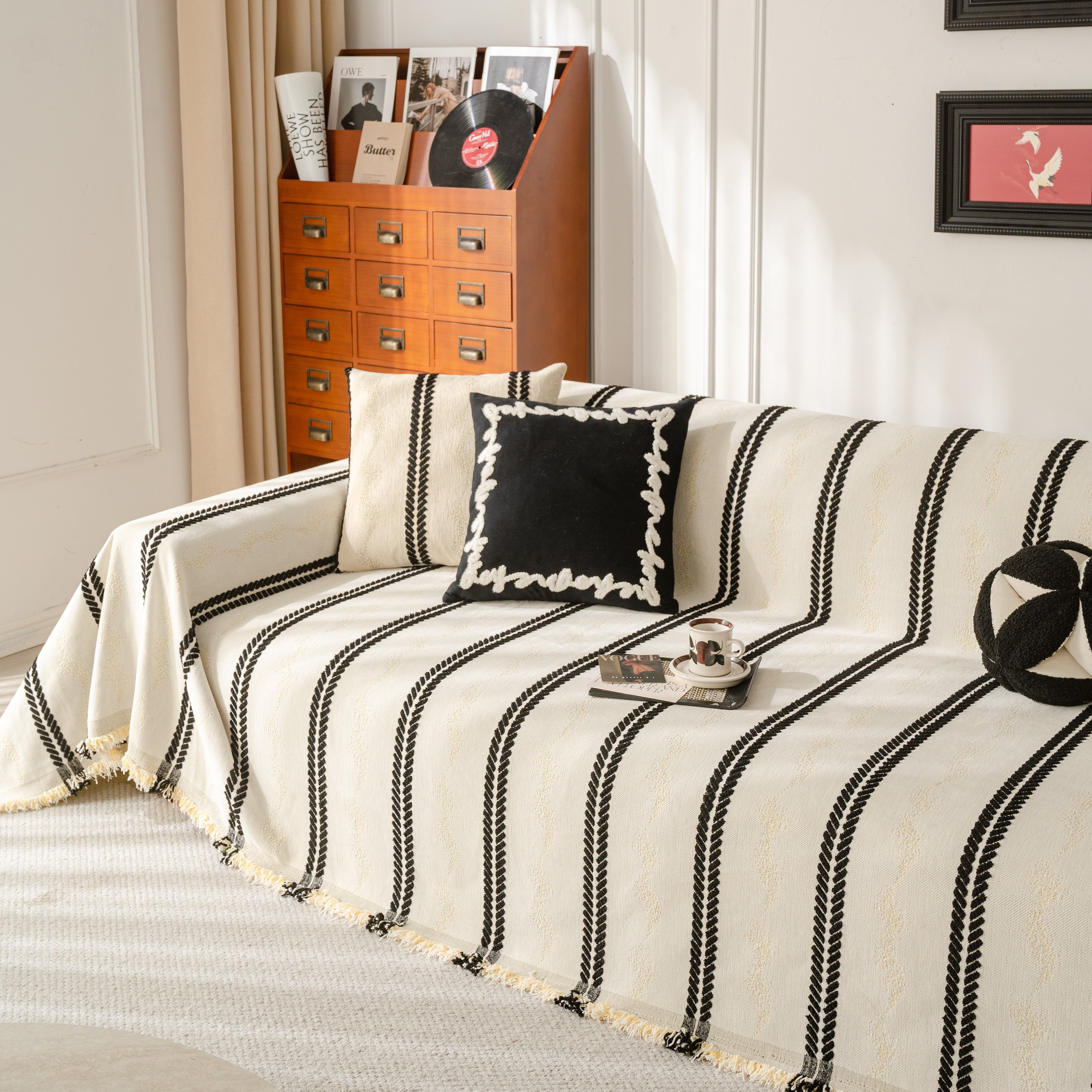 Boho Couch Throw Blanket With Textured Stripes, Sofa Cover For Living Room Decor