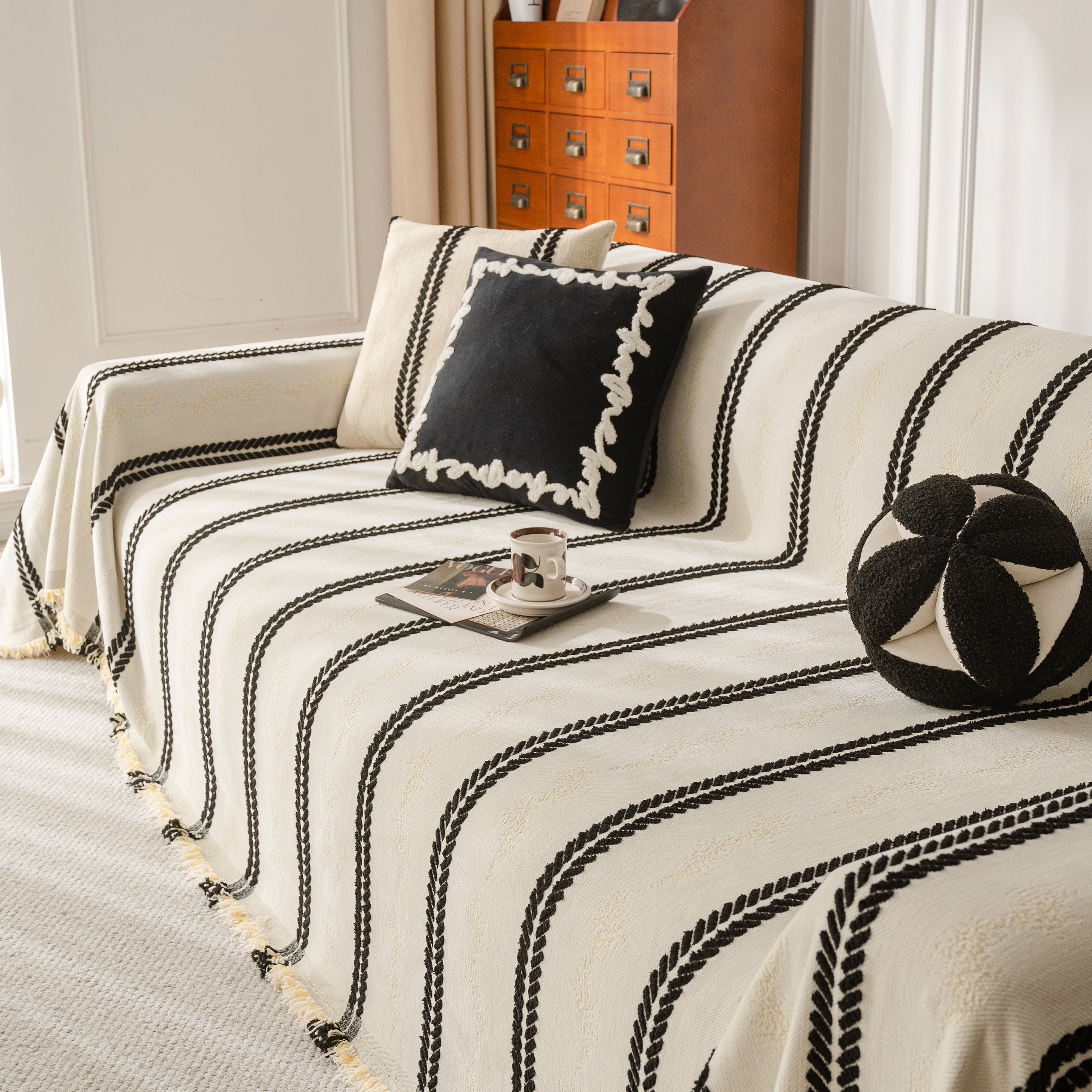 Boho Couch Throw Blanket With Textured Stripes, Sofa Cover For Living Room Decor