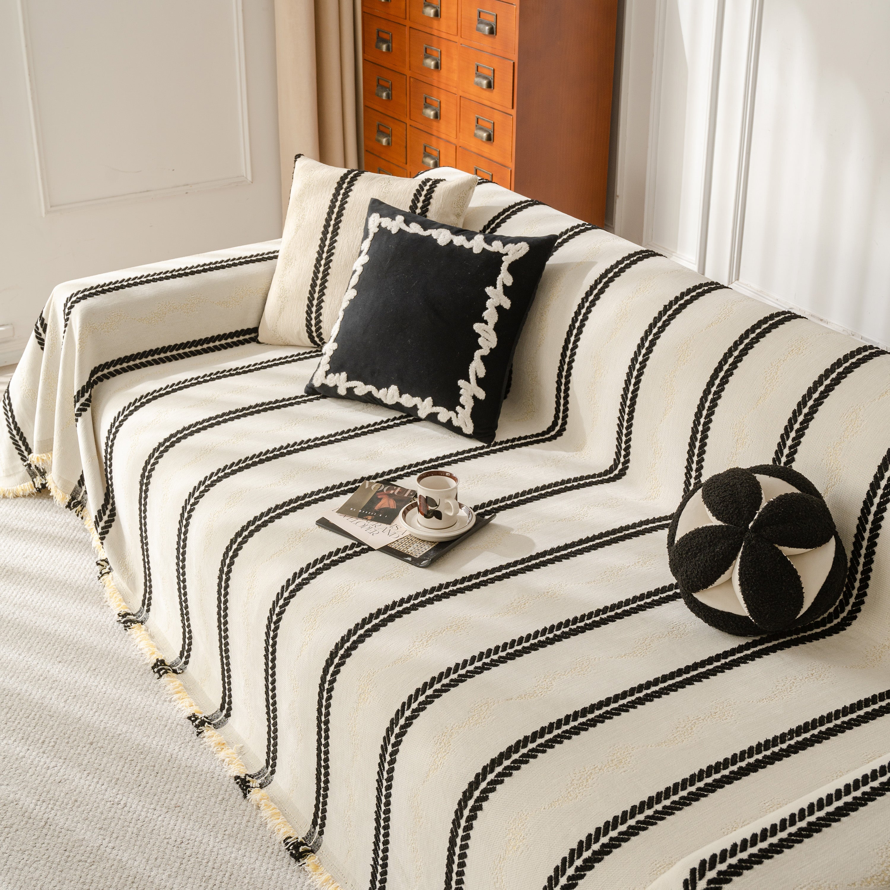 Boho Couch Throw Blanket With Textured Stripes, Sofa Cover For Living Room Decor