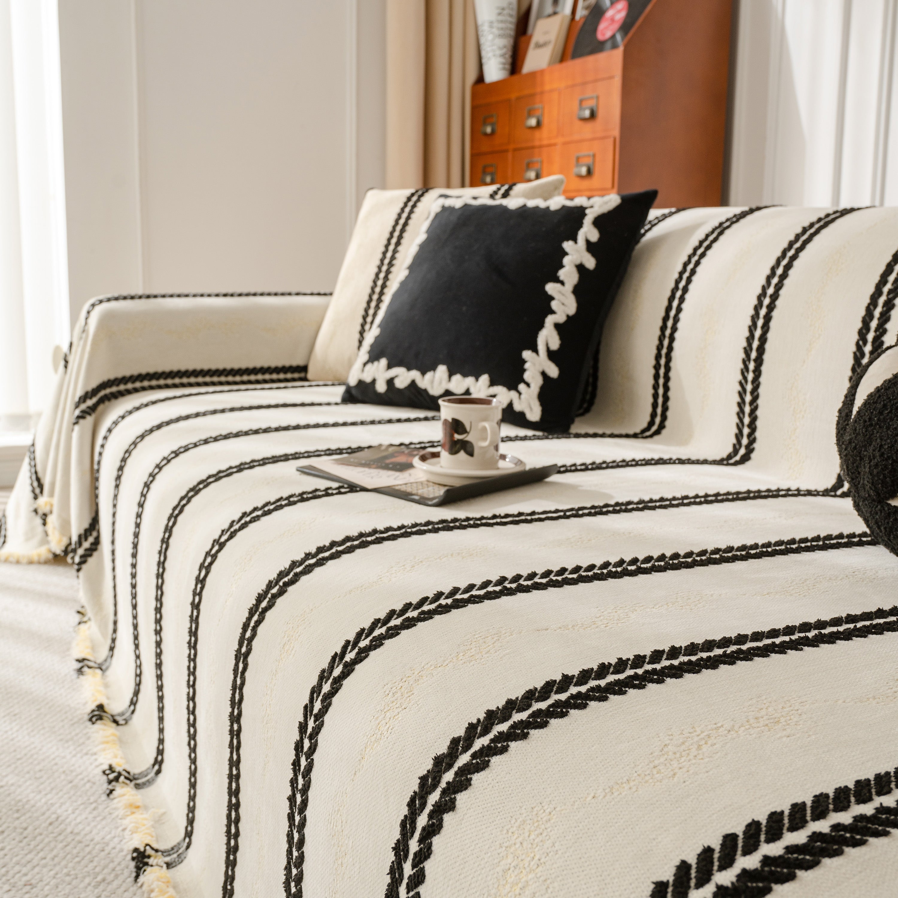 Boho Couch Throw Blanket With Textured Stripes, Sofa Cover For Living Room Decor