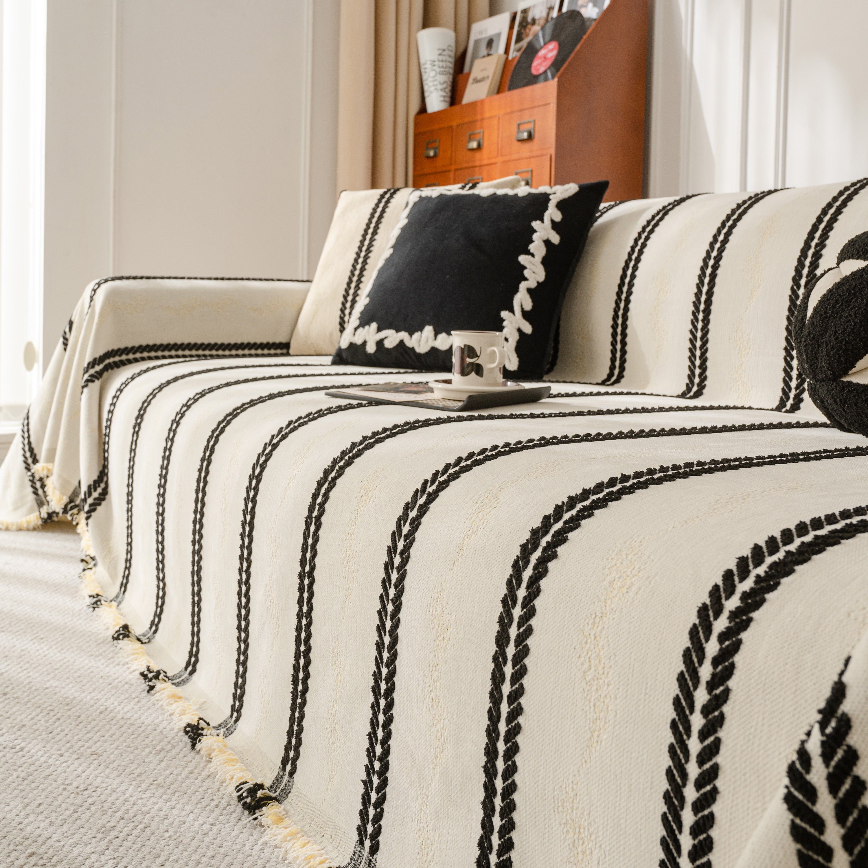 Boho Couch Throw Blanket With Textured Stripes, Sofa Cover For Living Room Decor