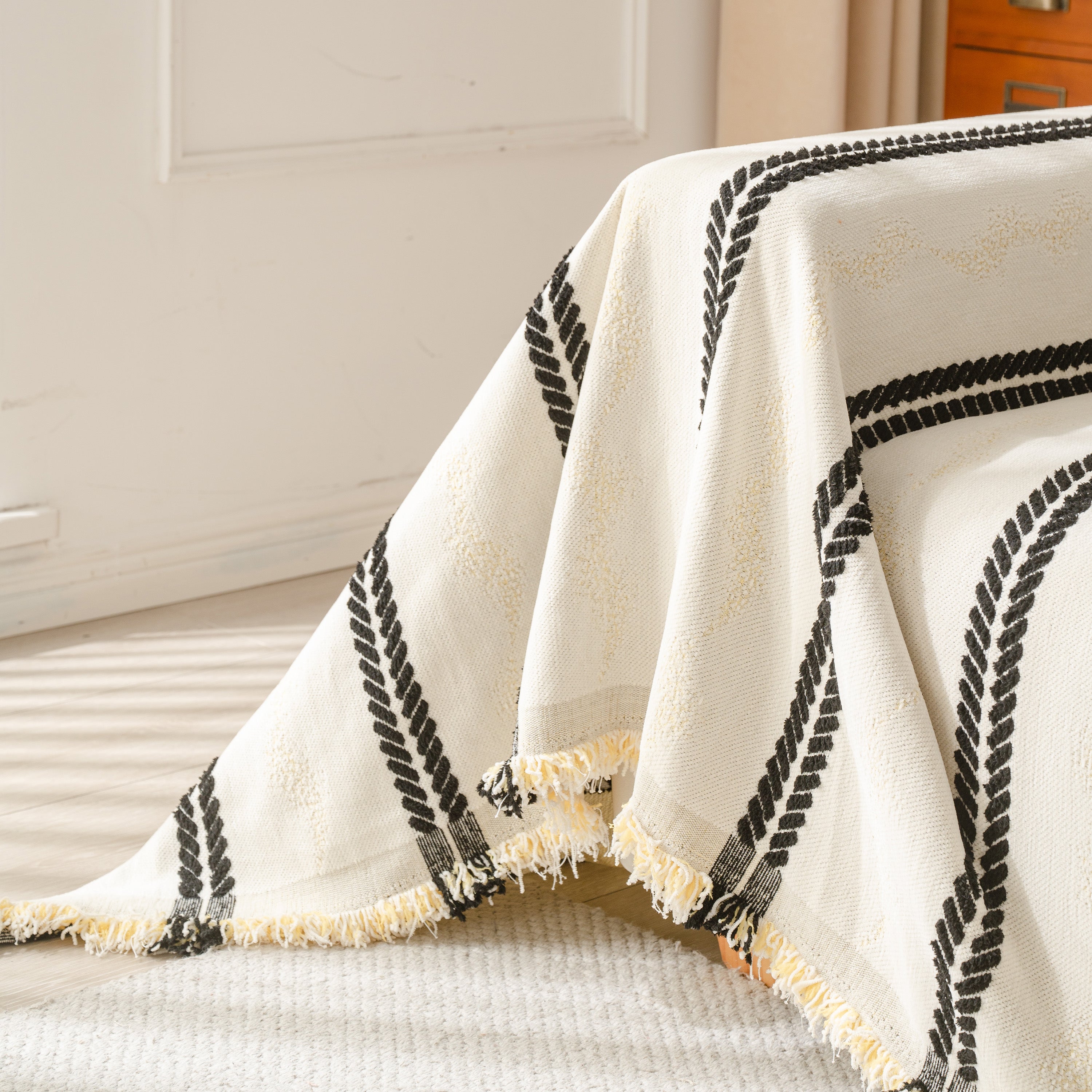 Boho Couch Throw Blanket With Textured Stripes, Sofa Cover For Living Room Decor
