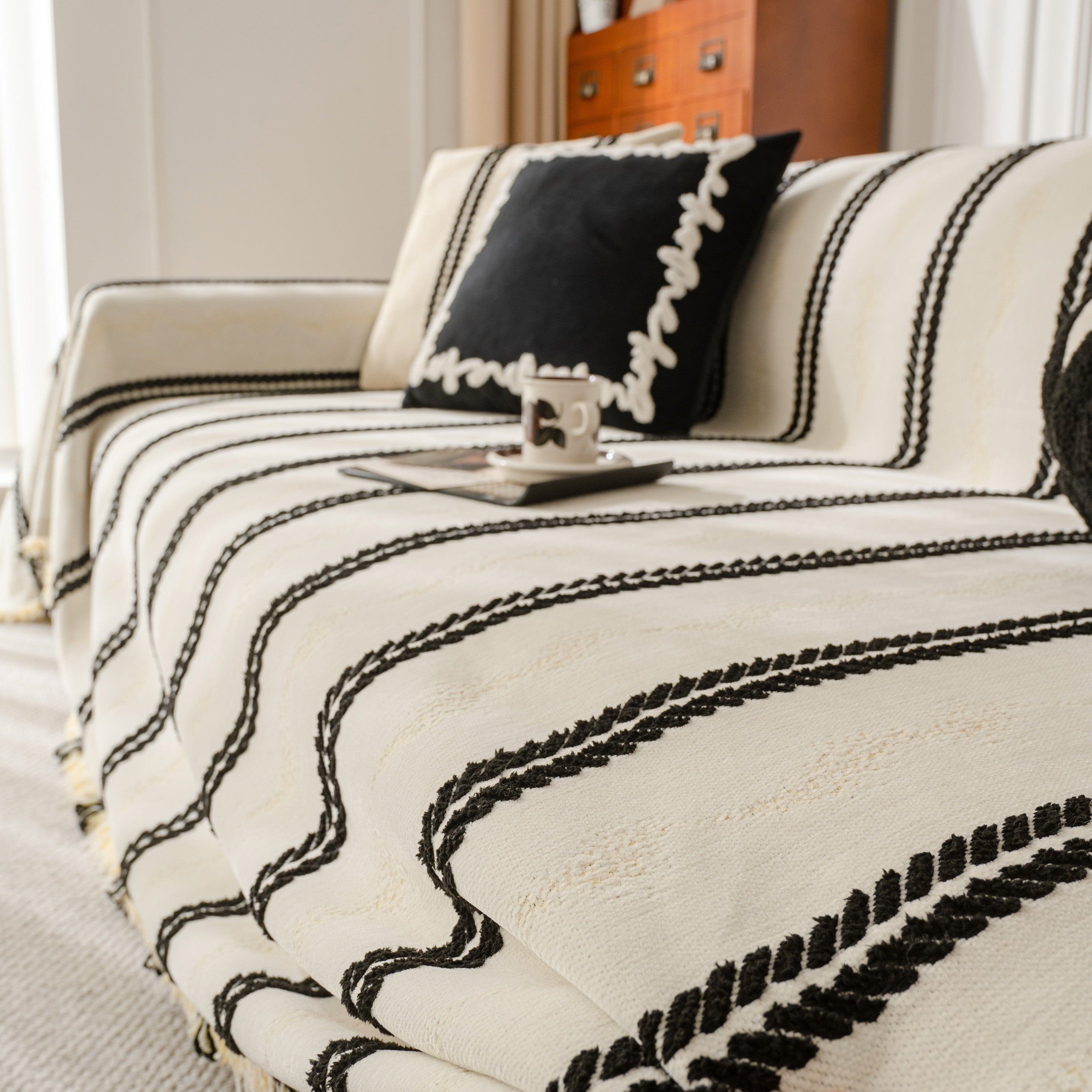 Boho Couch Throw Blanket With Textured Stripes, Sofa Cover For Living Room Decor