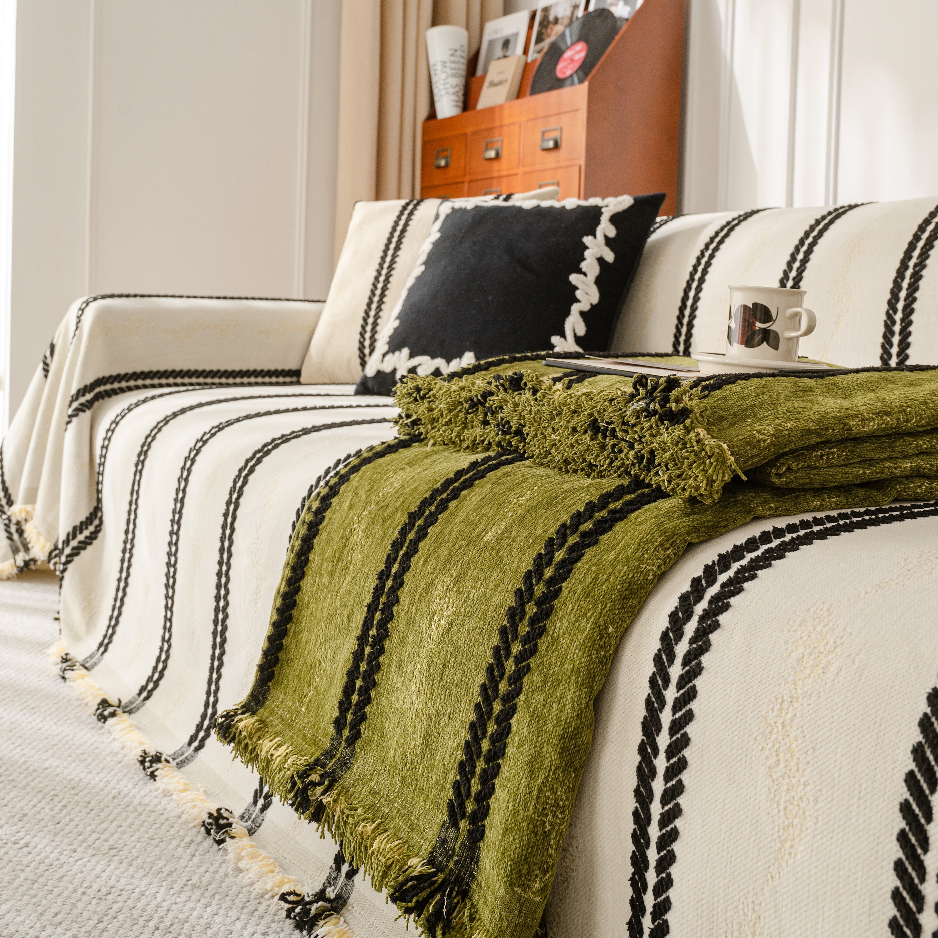 Boho Couch Throw Blanket With Textured Stripes, Sofa Cover For Living Room Decor
