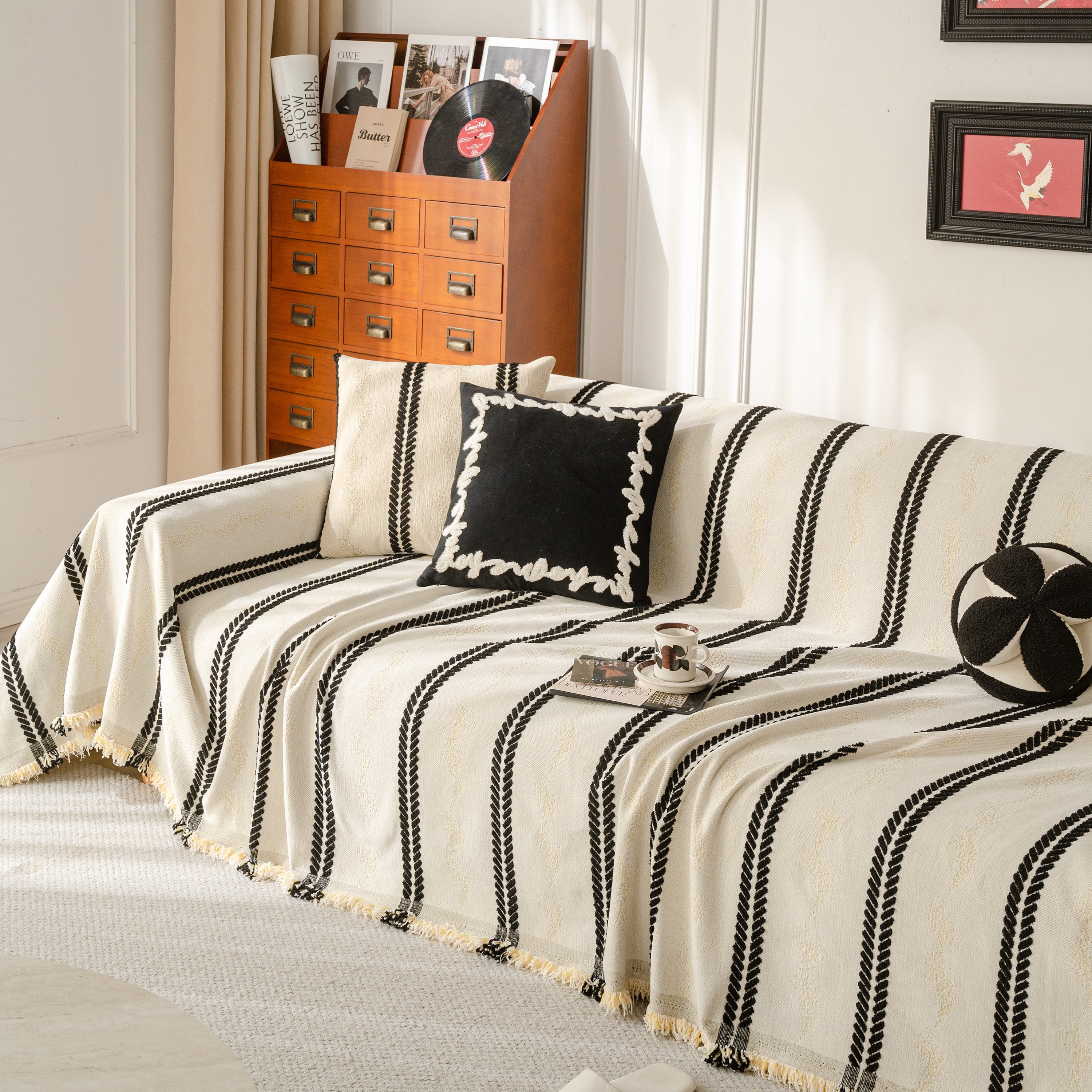 Boho Couch Throw Blanket With Textured Stripes, Sofa Cover For Living Room Decor