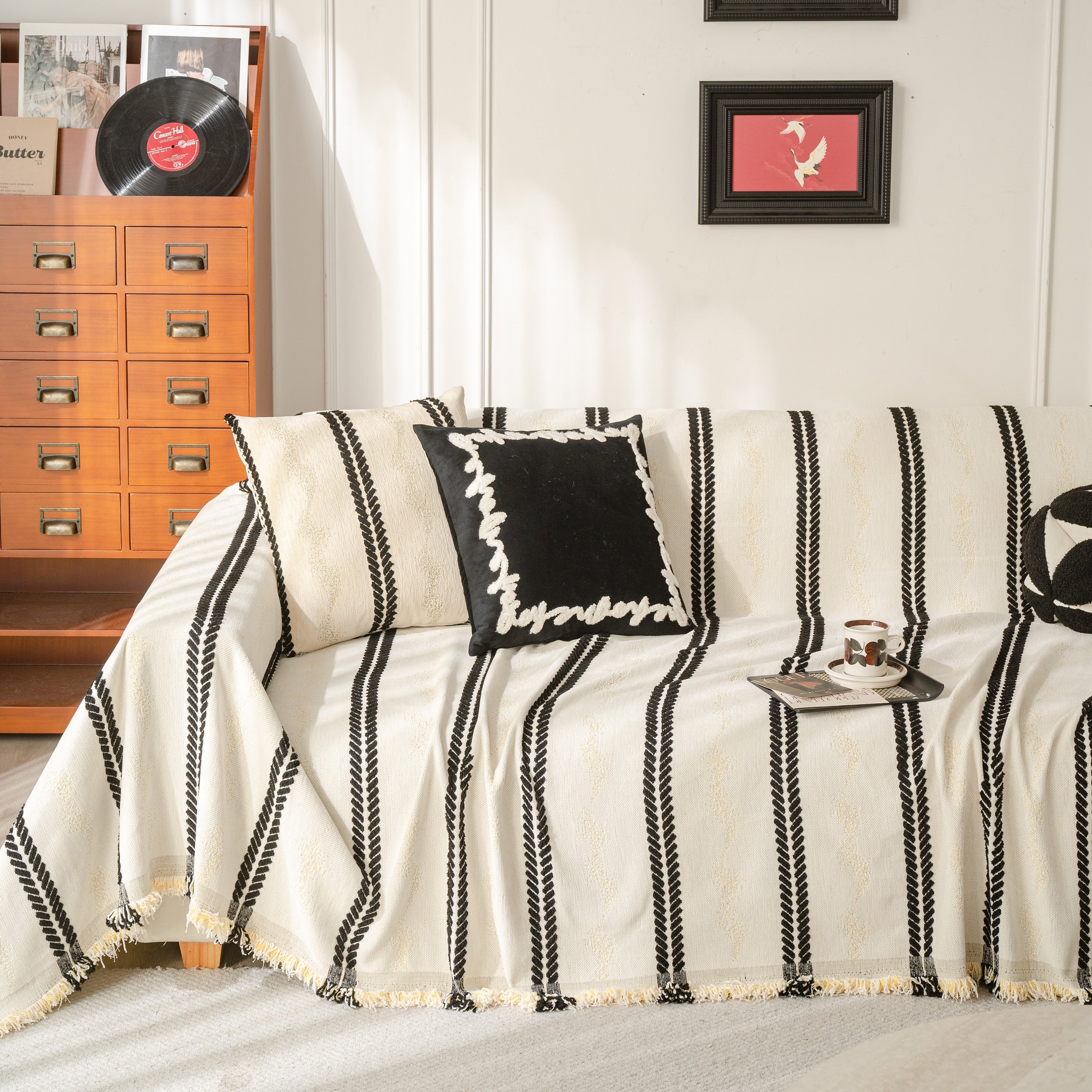 Boho Couch Throw Blanket With Textured Stripes, Sofa Cover For Living Room Decor