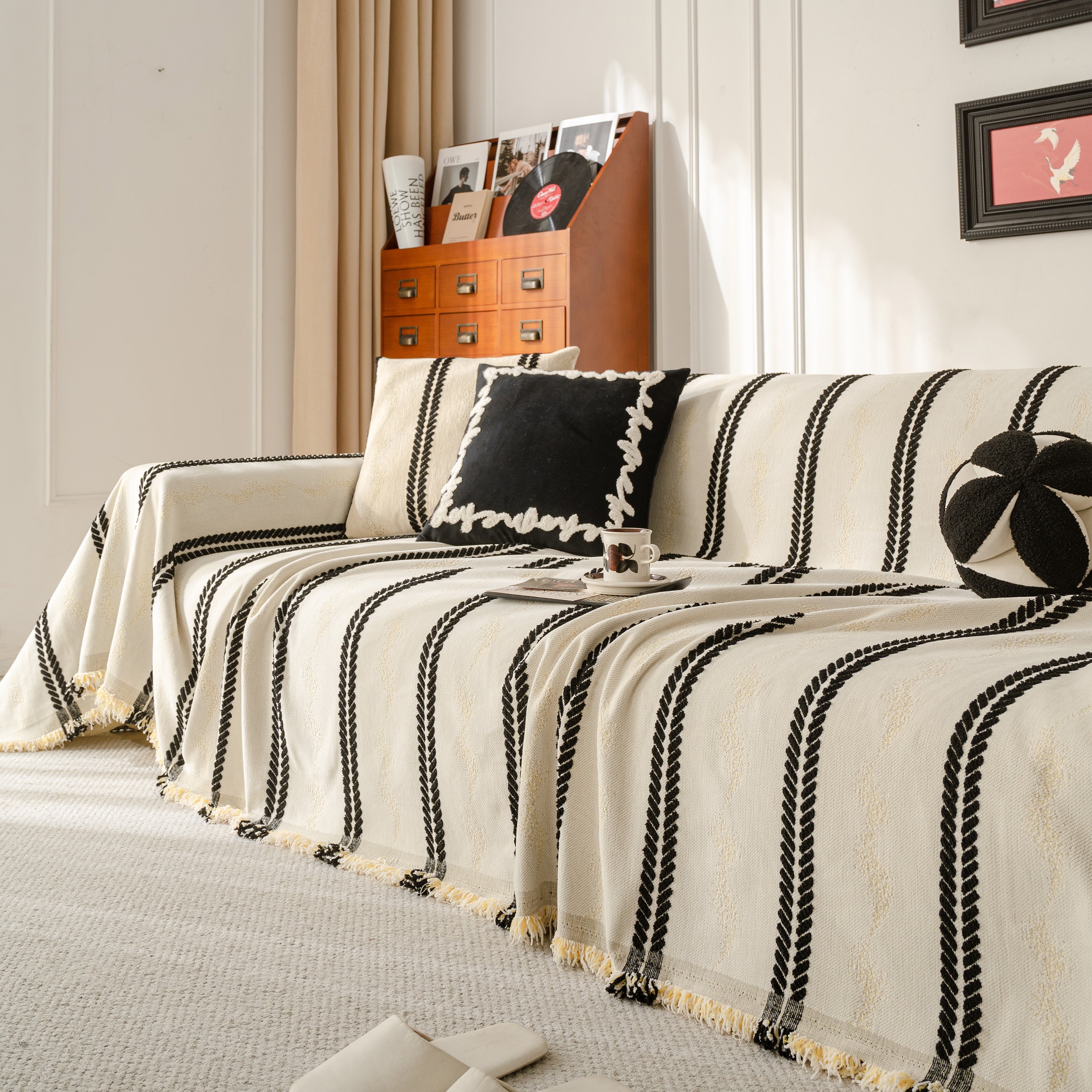 Boho Couch Throw Blanket With Textured Stripes, Sofa Cover For Living Room Decor