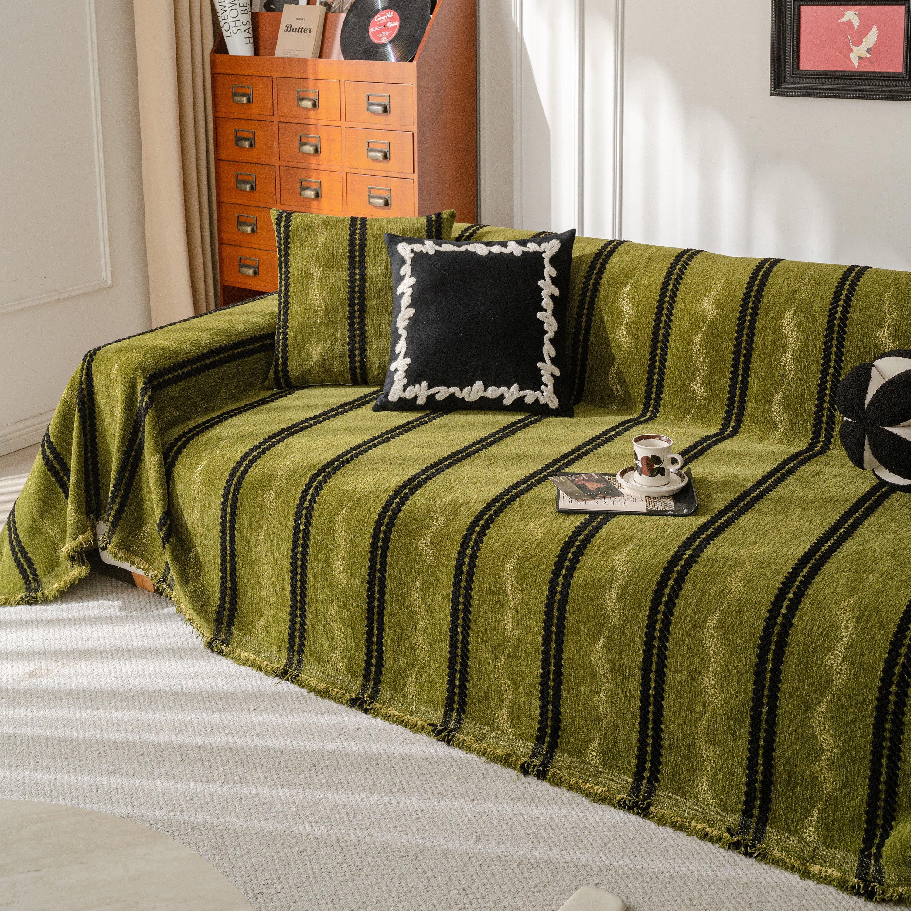 Boho Couch Throw Blanket With Textured Stripes, Sofa Cover For Living Room Decor