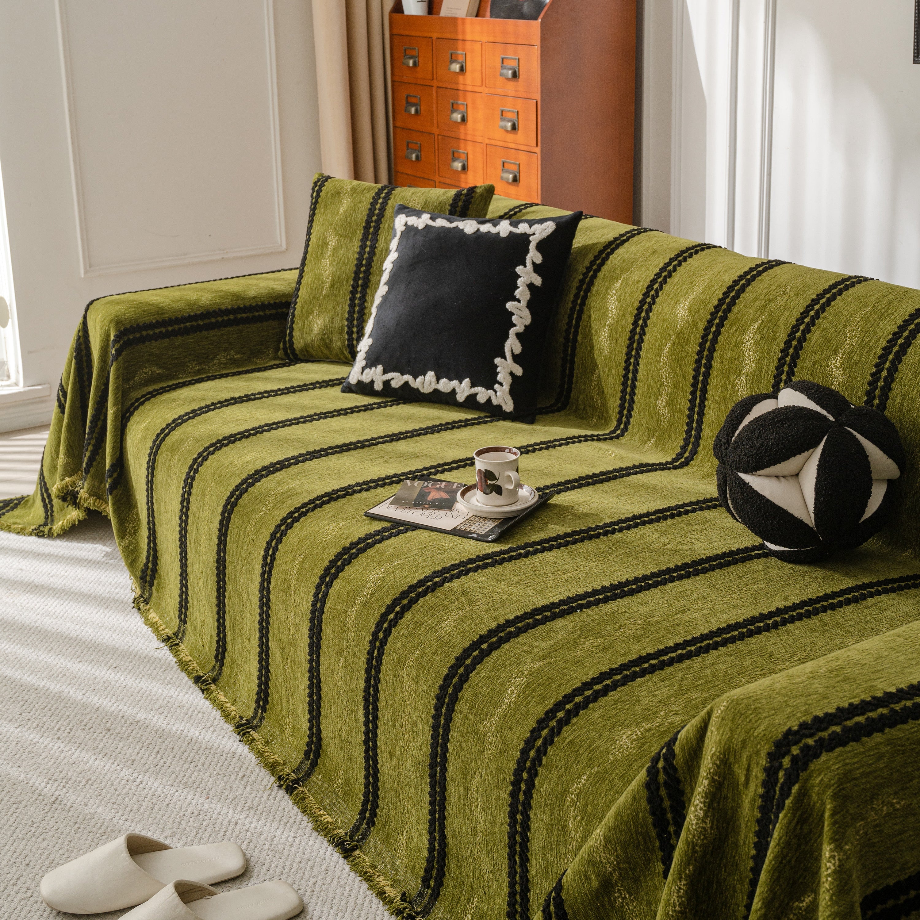 Boho Couch Throw Blanket With Textured Stripes, Sofa Cover For Living Room Decor